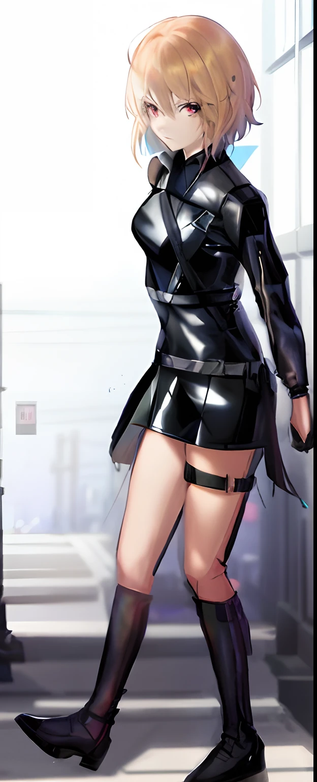 A painting of a woman dressed in black and boots, Female protagonist 👀 :8, clear outfit design, style mix of æon flux, female anime character, leeloo outfit, full body concept, anime figure; Full-body art, ( ( concept art of character ) ), clothing design, anime full body illustration, anya from spy x family, Style anime