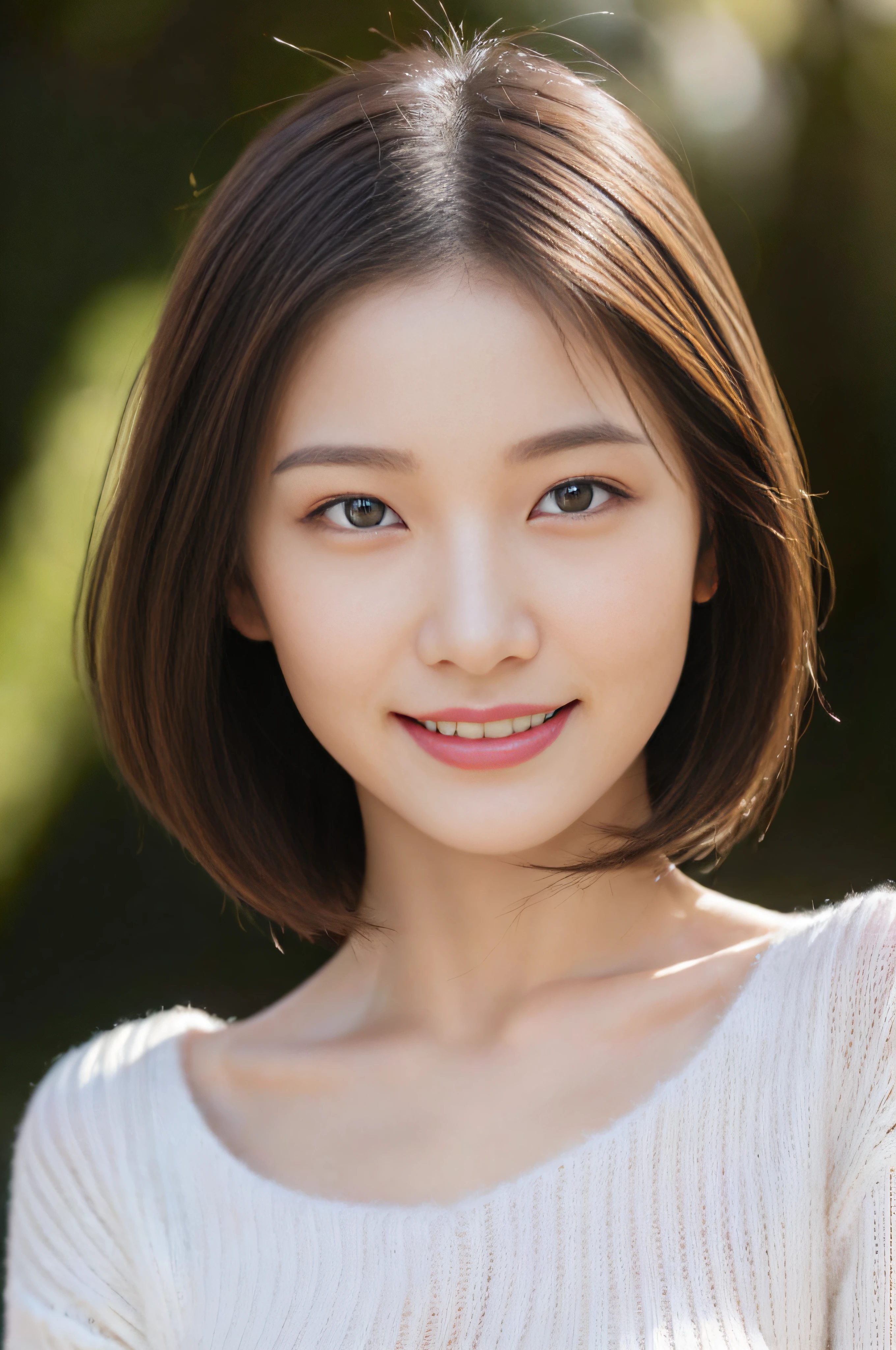 (Best Quality, Masterpiece, Ultra High Definition, High resolution, highly detailed, High Definition Face, clear pictures, HDR:1.5), (20-year-old woman:1.3), (close-up photo of face, eyes be visually in focus:1.3), (film photography style:1.4), (tight knit sweater:1.4), (Glossy, highly fine breasts, shiny skin), highly detailed facial and skin texture, (beautiful eyes, light in the eyes, detailed eyes), Very smile, The facial features are clear, white skin, very Fair skin, short bob hair, violently fluttering hair, very smile, Slim Big Breasts, huge Breasts,,