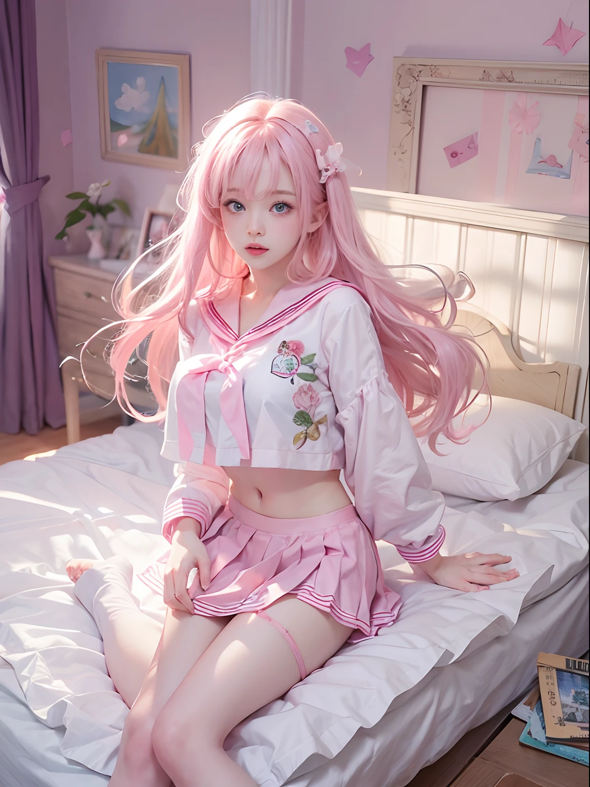 beautiful illustration、qualidade superior、 fofa s、quarto、Um cabelo rosa、comprimento do cabelo、(((saia plissada rosa)))、(((Terno de marinheiro cor-de-rosa)))、mangas curtas、Enorme teto、um umbigo、Turn the skirt with your hands、mostrar calcinha branca、Puxe a saia e mostre a calcinha、bare-legged、olhos azuis、nas camas、Coxas encantadoras、coxa brilhante