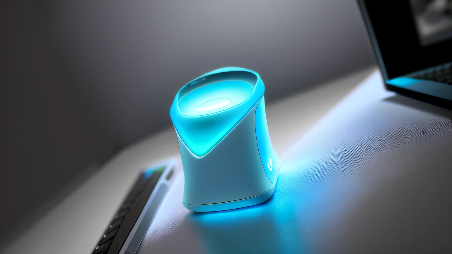 Bluetooth speaker、Pop the surface、Computer materials、White casing、Surface Texture、Low roughness、Dark ambient light、Self-illumination is prohibited、Blue user interface
