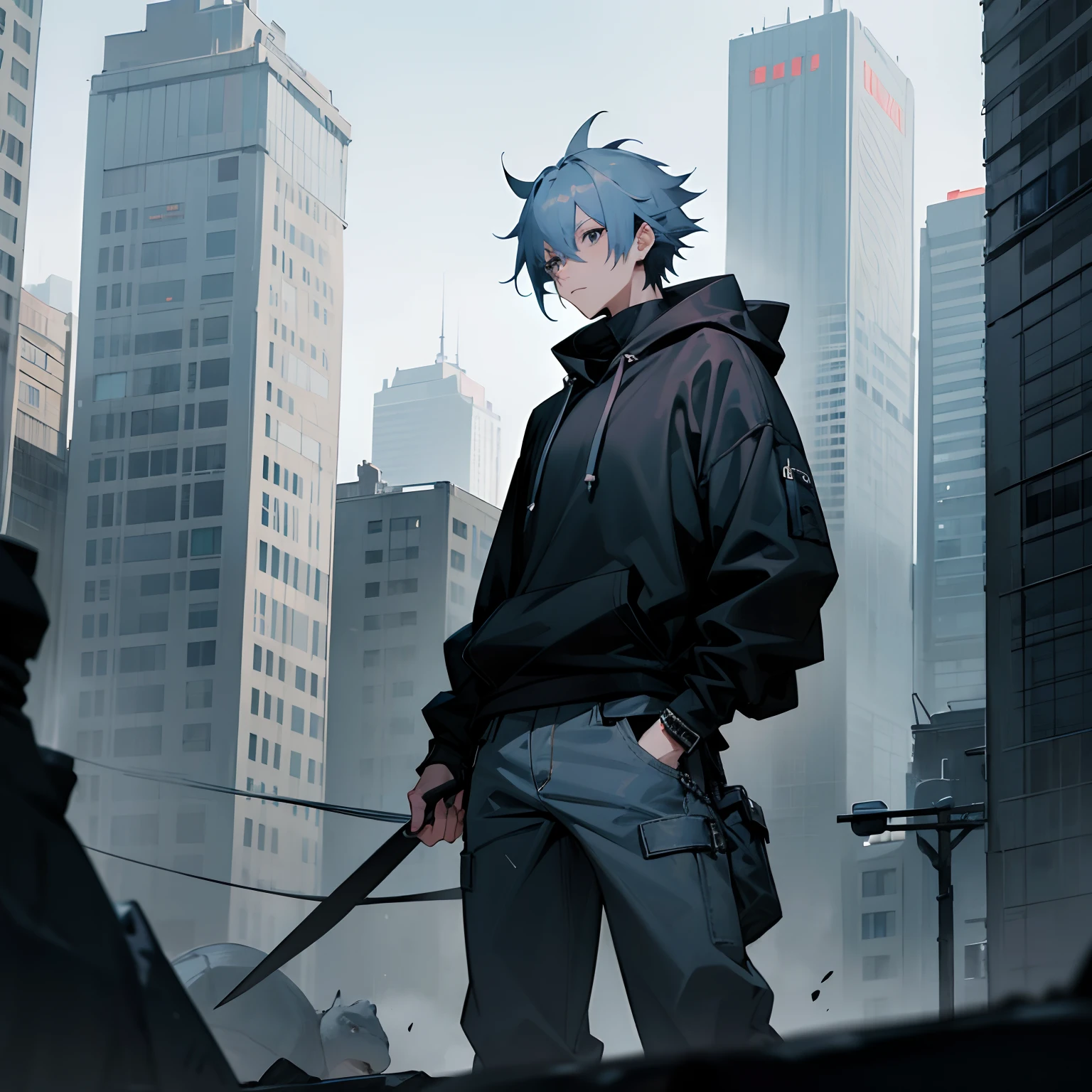 Greyish Blue hair , medium length hair , wolf cut hair, black hoodie with turtle neck and black baggy jeans , Jujutsu Kaisen , Black eyes , city setting, standing, 1male , spiky hair , messy hair , white clothing , lean build