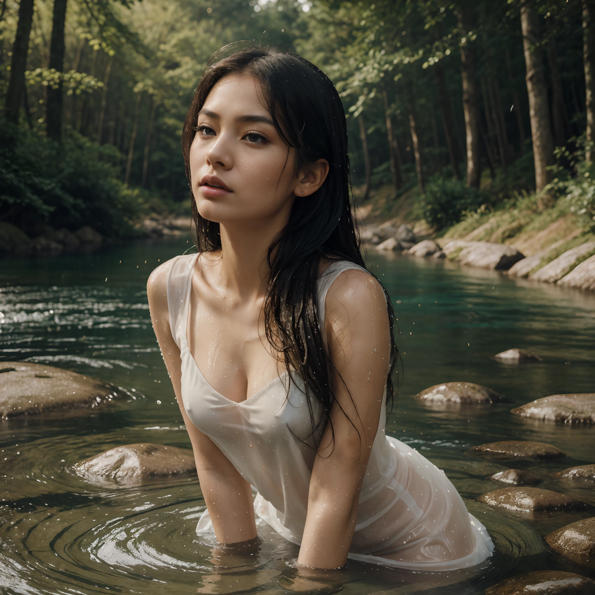 full body photo:2, 1girl, asian, getting out of the water, centered, wet:2, raining:1, wet hair, wet body, soaked, soaking wet clothes, face close up, wearing a translucent glitter dress:1.8, (best quality, highres, masterpiece:1.2), ultra-detailed, realistic:1.37, studio lighting, (vibrant colors, vivid colors), beautiful detailed eyes, beautiful detailed lips, long eyelashes, (dramatic background, captivating background, forest and river background), (flowing hair), confident expression, (soft lighting, gentle lighting), (subtle texture, visible texture), (expressive, emotional), (harmonious composition, balanced composition)