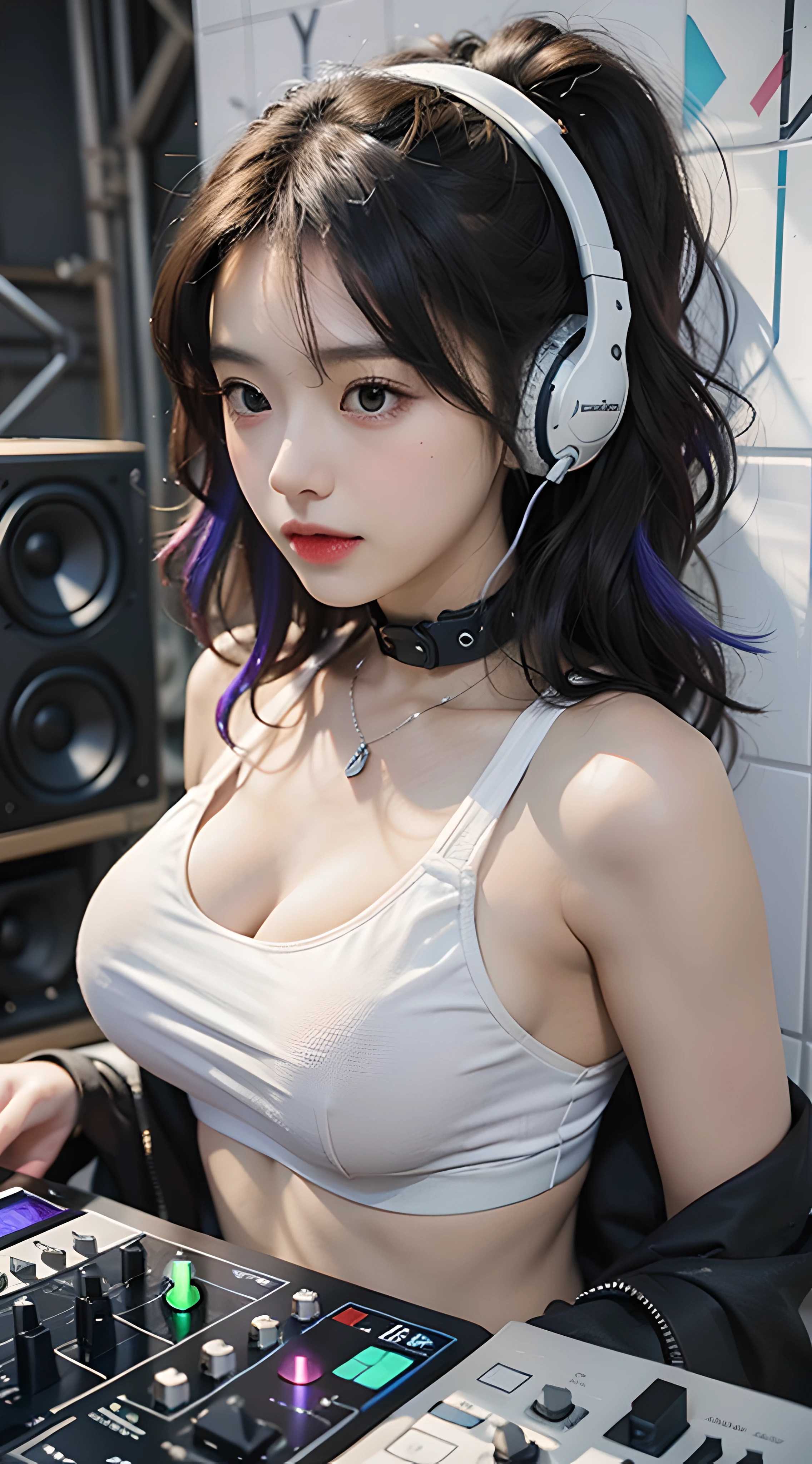 Masuter Piece、ultra-fine、A hyper-realistic、Beautiful female artist in DJ suit wearing black top and headphones、DJ Set、White sports bra、Headphones DJ Rave, White sports bra, headphones、DJ at a party、DJ Rave Party、G-Station、(((Huge speakers in the background)))、(((Every wall is a speaker.)))、(colorful hair)、glowing hair、Inner Color、Smokey