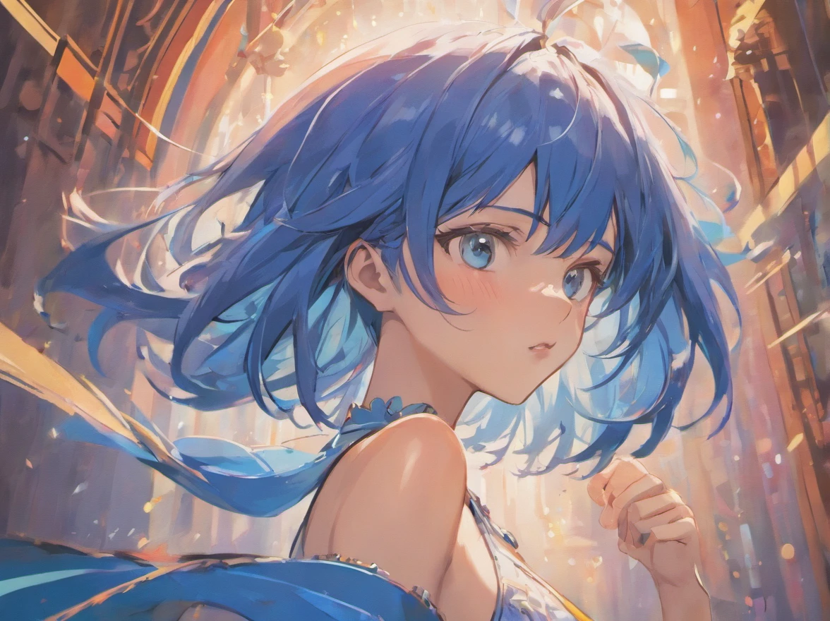 A charming young girl. highly detailed, messy, short blue hair with bangs. Radiant blue eyes. Red lips. Show chest skin, open chest. Fitness detail. Correct anatomy. Dynamic poses. High Contrast. High-quality cell-shaded illustration in anime style. High-quality realistic painting by WLOP, artgerm, Zumi, Nixeu, Sakimichan, and Lexaiduer. Detailed and intricate environment. Ray tracing. Volumetric lighting. Cinematic lighting. Masterpiece. Vibrant color.
