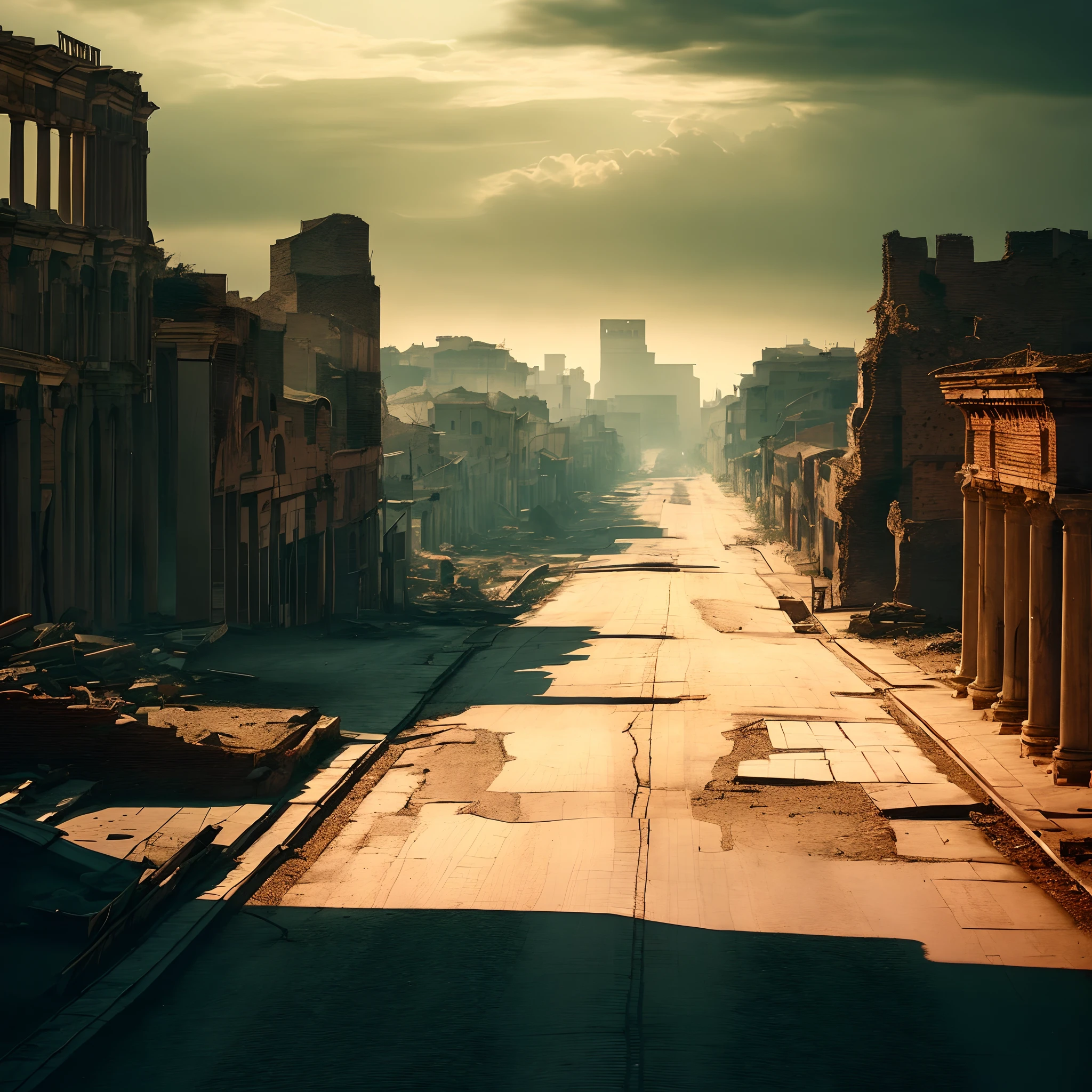 there is a picture of a deserted street with a clock tower in the distance, post - apocalyptic city streets, roman city, all roads lead to rome, empty streetscapes, dusty street, dark abandoned city streets, by Fabien Charuau, fall of rome, abandoned streets, ancient city streets behind her, post apocalyptic street, in a ruined cityscape, ancient rome