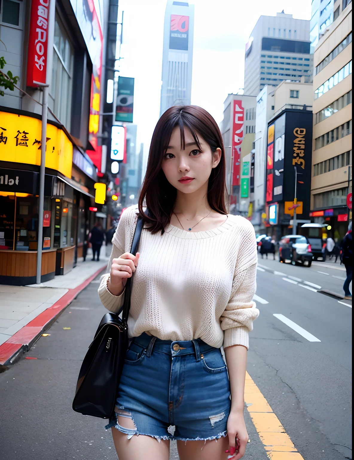 (8K、RAW Photos、top-quality、masterpiece:1.2)、(realisitic、Photorealsitic:1.37)、1人、japanes、20yr old、Daytime city、Photon mapping、Radio City、torn、ultra gigantic tits、very small knitwear in size,、the shape of the chest is clearly visible、fair white skin、bright eye color