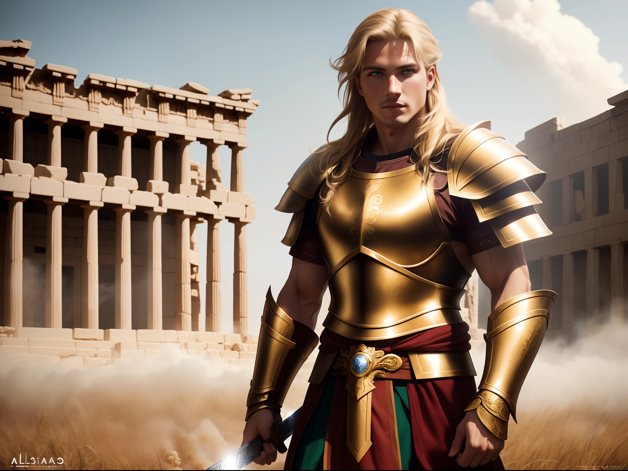 Achilles. Realistic photo. Photo from the waist up. Spartan warrior. Handsome man with long blonde hair. He wears gold and red Spartan Greek armor. He wields a golden sword in his hand. Background of an open field, with suspended dust in a town in ancient Greece. Cinematic image... ((Masterpiece)). Professional photography, ultra-sharp focus. Analog RAW photography, 80mm f2.8 lens, Best quality, Ultra detailed, 64k, Intricate details, Fine detail, Detailed rendering, Realistic detail. Detailed hands, perfect eyes, detailed face, natural pose.