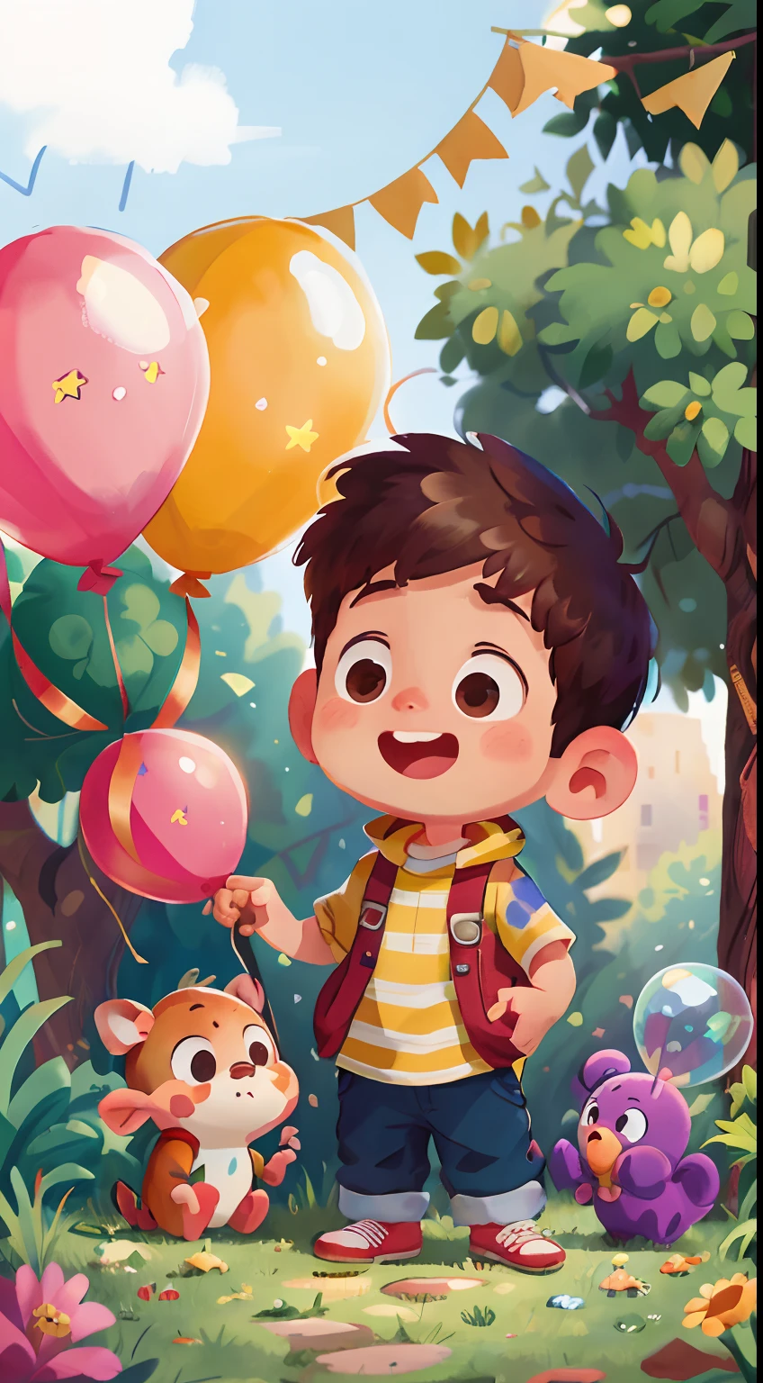 A boy, zoo, many balloons, happy, happy, perfect quality, clear focus (clutter - home: 0.8), (masterpiece: 1.2) (realistic: 1.2) (bokeh) (best quality) (detailed skin: 1.3) (intricate details) (8K) (detail eyes) (sharp focus), (happy)