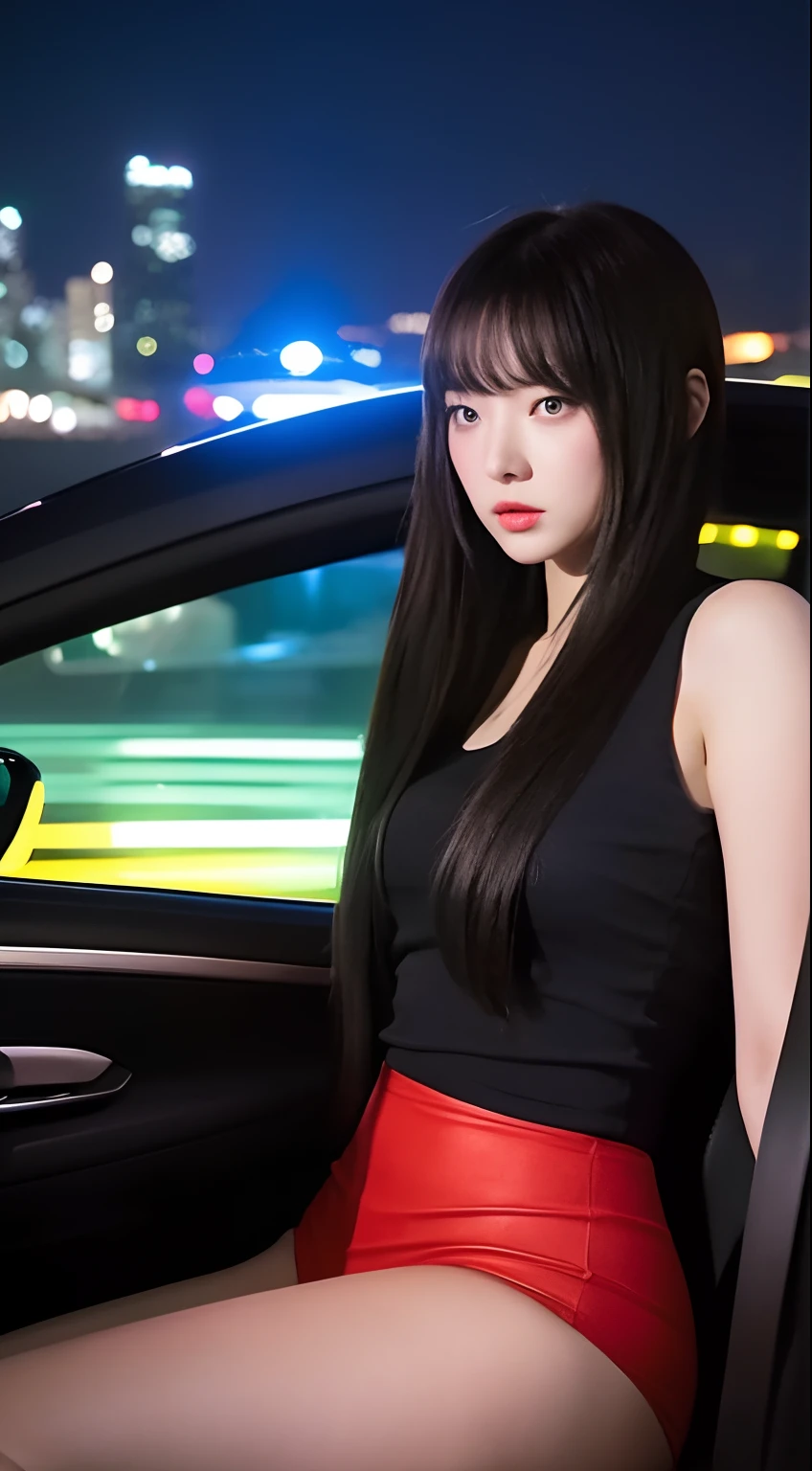 A young woman drives a speeding car between high-rise buildings。The woman has a well-proportioned posture,Tights outline attractive curves,One hand on the steering wheel,The other hand holds the door,Head out of the car,Long thick hair fluttering in the wind。Neon lights outside the car,The city skyline is dazzling。The open doors of the speeding car give viewers a glimpse of the colors and provocative driving posture inside the car。