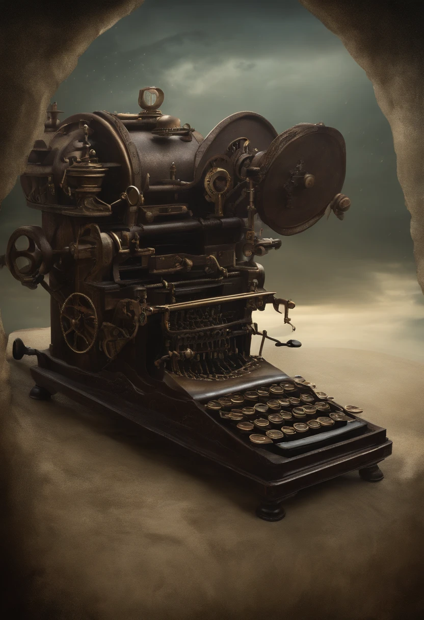 (best quality,4k,8k,highres,masterpiece:1.2),ultra-detailed,(realistic,photorealistic,photo-realistic:1.37),bizarre,grotesque,unsettling,haunting,creative,macabre,weird,unusual,nightmarish,beautifully disturbing,a masterpiece of a typewriter,oil painting-like illustration,delicate brushwork,expressive strokes,richly textured,mysterious atmosphere,eerie lighting,vivid colors,dark shadows,otherworldly,uncanny,valley,melting,deformed,crooked keys,twisted gears,mechanical monstrosity,tangled wirings,flickering lights,enigmatic symbols,curling smoke,whispering whispers,echoes of forgotten tales,skewed perspectives,hazy dreamscape,ominous presence,gothic details,peculiar mechanisms,unraveling stories in twisted letters,unleashing a torrent of distorted tales,creativity seeping through every crack,Dali-esque surrealism,ominous aura,evocative ambiance,mesmerizing composition,unleashing the depths of imagination,interpreting a distorted reality from within the machine,an unsettling mix of beauty and horror,a portal to a parallel universe,transcending the boundaries of logic and reason,conjured from the depths of a tortured mind,embracing the darkness to find the light.