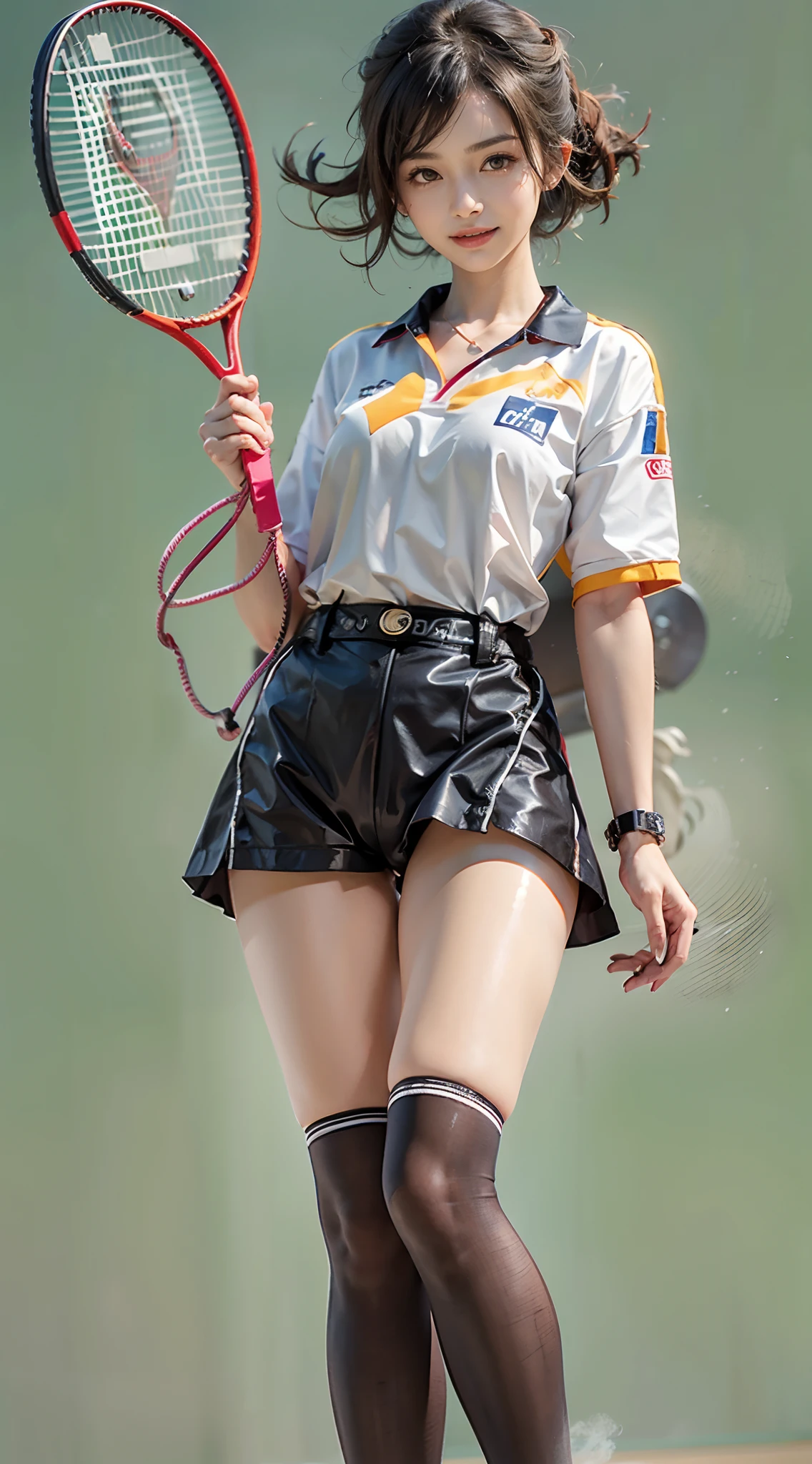 (The FW), 1womanl, Solo, 24 year old, 7headed body, (cute face), (Ideal ratio body proportions), ((Cowboy Shot)), Badminton court, Wearing a badminton uniform, erectile nipple, Navel Ejection, Cameltoe, Sexy body, Wet, Smiling smile, short-hair, Dark hair, small tits, A slender, Small buttocks, beauty legs, Skinny Legs, surrealism, Cinematic lighting, depth of fields, One-person viewpoint, F/1.8, 135 mm, nffsw, masutepiece, ccurate, ((Anatomically correct)), Textured skin, Super Detail, high details, High quality, awardwinning, Best Quality, hight resolution, 8K