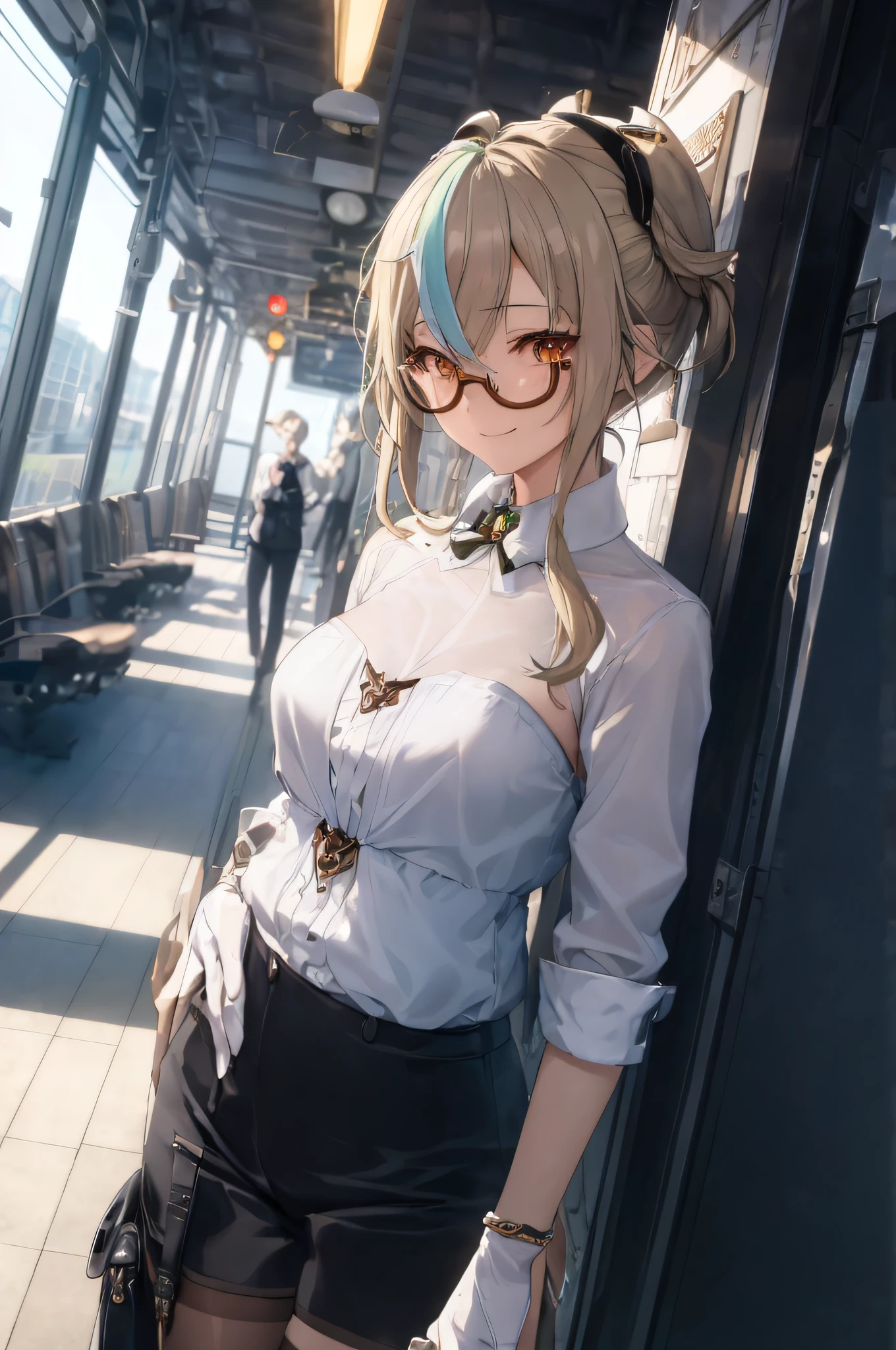 (masterpiece, best quality, detailed),1girl,sucrosedef,(green hair:1.2), glasses,standing in a train station, makoto shinka, seductive anime girl, attractive anime girl, smooth anime cg art, (sfw) safe for work, teasing smile,clean detailed anime art,high resolution, (perfect hands, perfect anatomy),