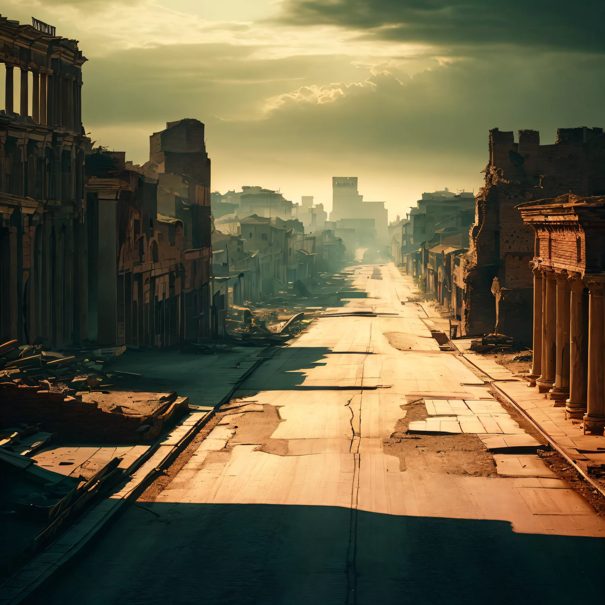 there is a picture of a deserted street with a clock tower in the distance, post - apocalyptic city streets, roman city, all roads lead to rome, empty streetscapes, dusty street, dark abandoned city streets, by Fabien Charuau, fall of rome, abandoned streets, ancient city streets behind her, post apocalyptic street, in a ruined cityscape, ancient rome
