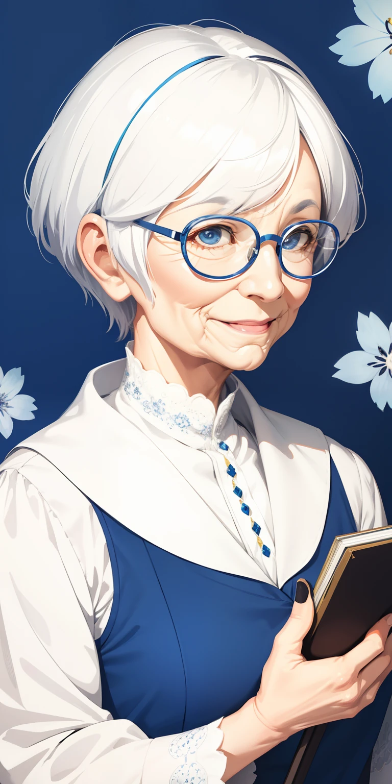 1 old woman, glasses, short hair, white hair with some blue spot, smiling, wrinkles, glowing, sidelighting, wallpaper, grandma clothes.