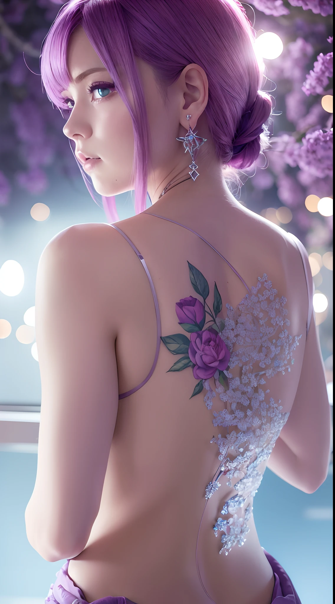 Short lilac hair,bell,Light blue eyes,Red floral tattoo,Crystal earrings,jitome,(surrealism:1.1),(Cinematic lighting:1.05),(reflective light:1.1),(letterboxed:1.15),(tachi-e:1.05),(From behind:1.1),hyper HD,Masterpiece:(1.2),(High details:1.1)