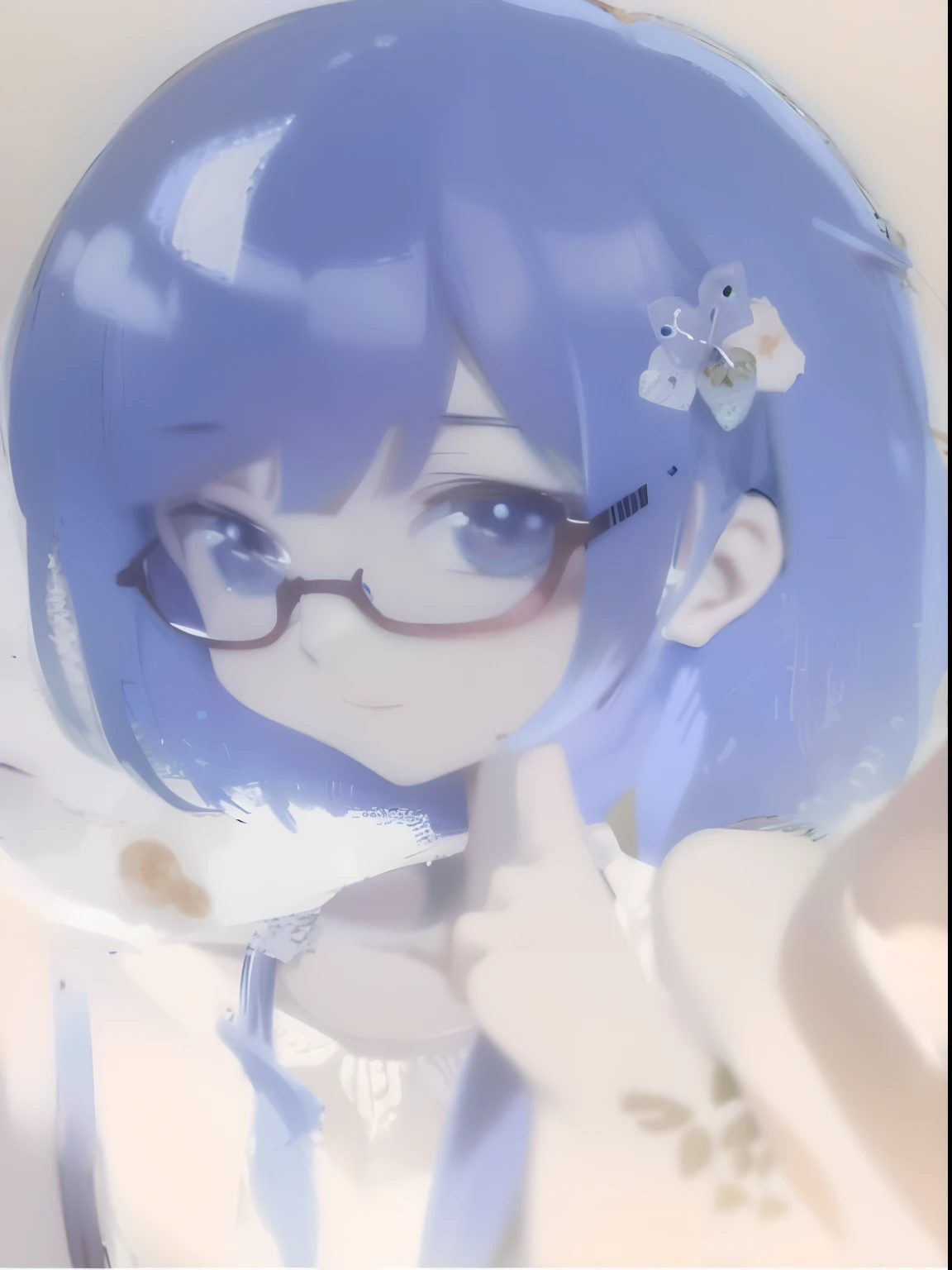 Anime girl with blue hair and glasses make peace sign, 2 d anime style, anime moe art style, drawn in anime painter studio, 2d anime, made with anime painter studio, short blue haired woman, flat anime style shading, saori, Anime style. 8K, With glasses, in an anime style, small curvaceous , with blue hair