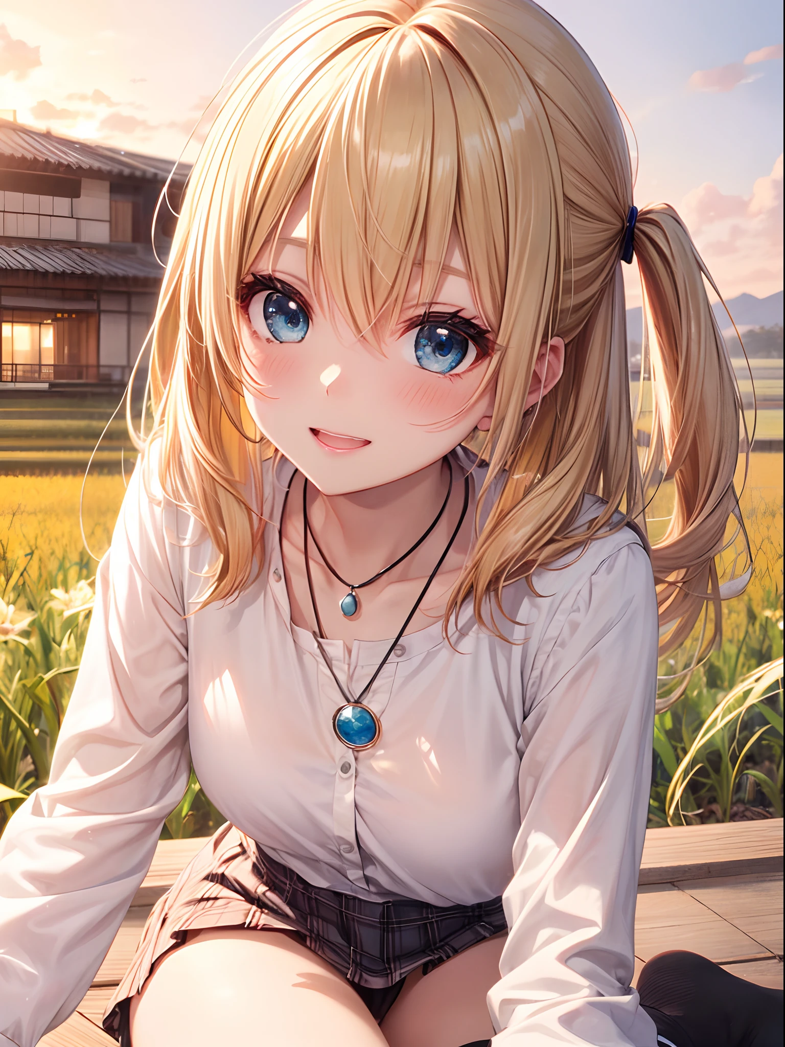 absurderes, ultra-detailliert,bright colour, extremely beautiful detailed anime face and eyes, view straight on, ;D, shiny_skin,25 years old, , Sheer white school uniform、Black socks、plaid skirts、Fashionable bras、Short hair, , asymmetrical bangs, Blonde hair with short twin tails, Shiny hair, Delicate beautiful face, red blush、(Deep Blue Eyes:1.3)、early evening、Lots of rice fields, Lots of fields、Big sunset、Orange view、Small necklace、