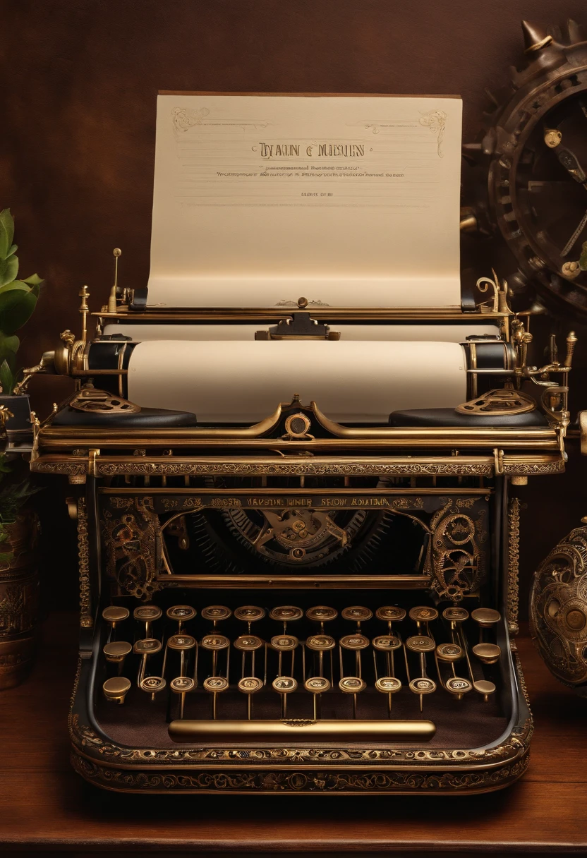 A stunning steampunk-inspired typewriter adorned with intricate gears, brass accents, and elegant Victorian motifs. Emphasize rich textures and aged patina, showcasing meticulous details and a mesmerizing blend of vintage craftsmanship and technological innovation.