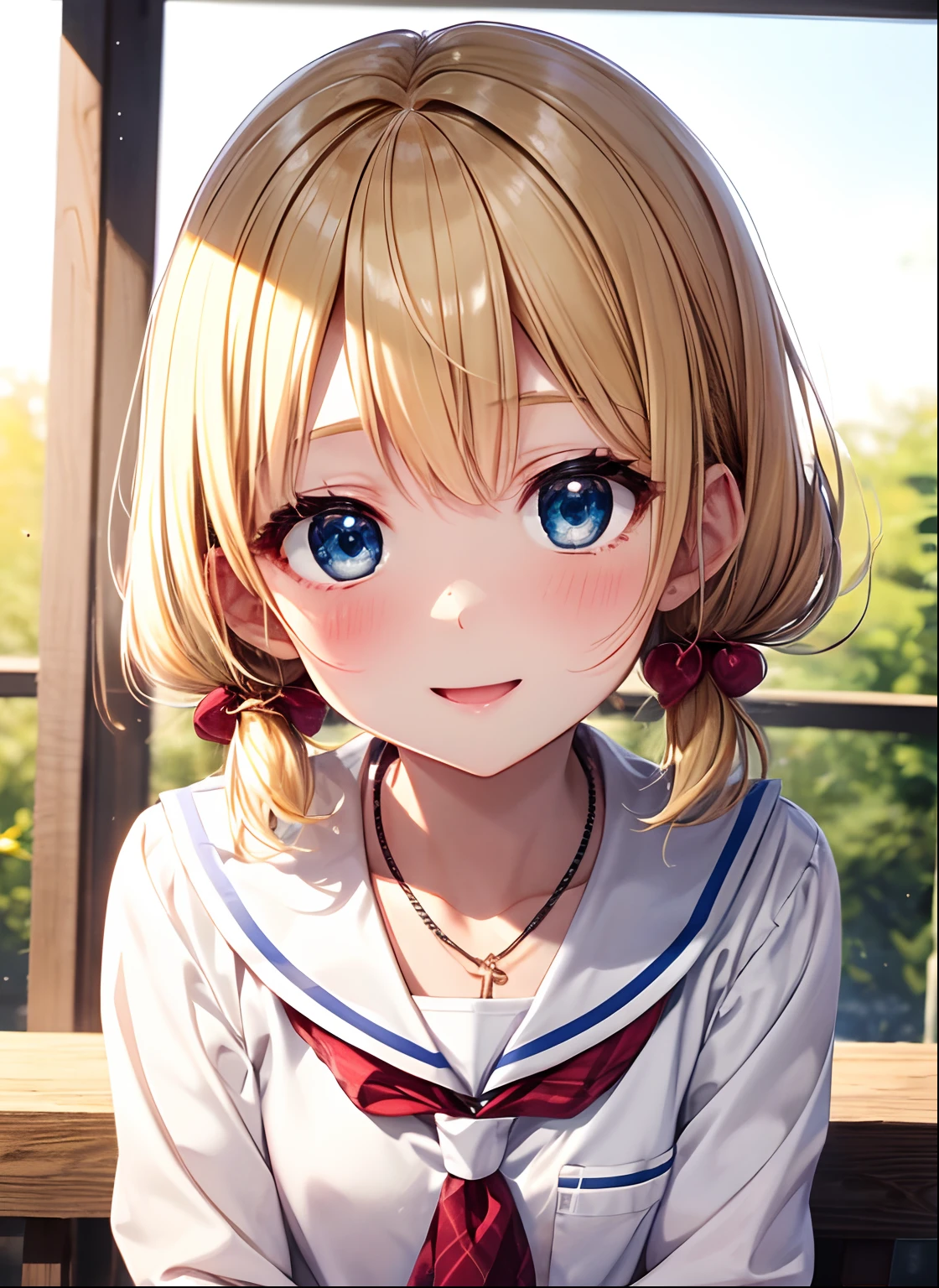 absurderes, ultra-detailliert,bright colour, extremely beautiful detailed anime face and eyes, view straight on, ;D, shiny_skin,25 years old, , White School Uniform、Black socks、plaid skirts、Short hair, , asymmetrical bangs, Blonde hair with short twin tails, Shiny hair, Delicate beautiful face, red blush、(Deep Blue Eyes:1.3)、early evening、Lots of countryside、Big sunset、Orange view、Small necklace、