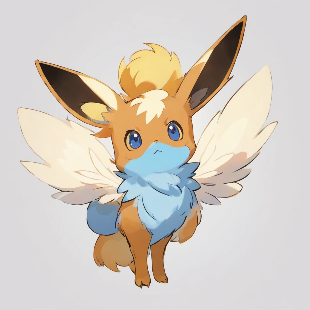 Eevee, very light blue with orange head, light-blue and white wings, black eyes with yellow marking, black and white sparrow-like tail, black bird feet and beak, masterpiece, best quality