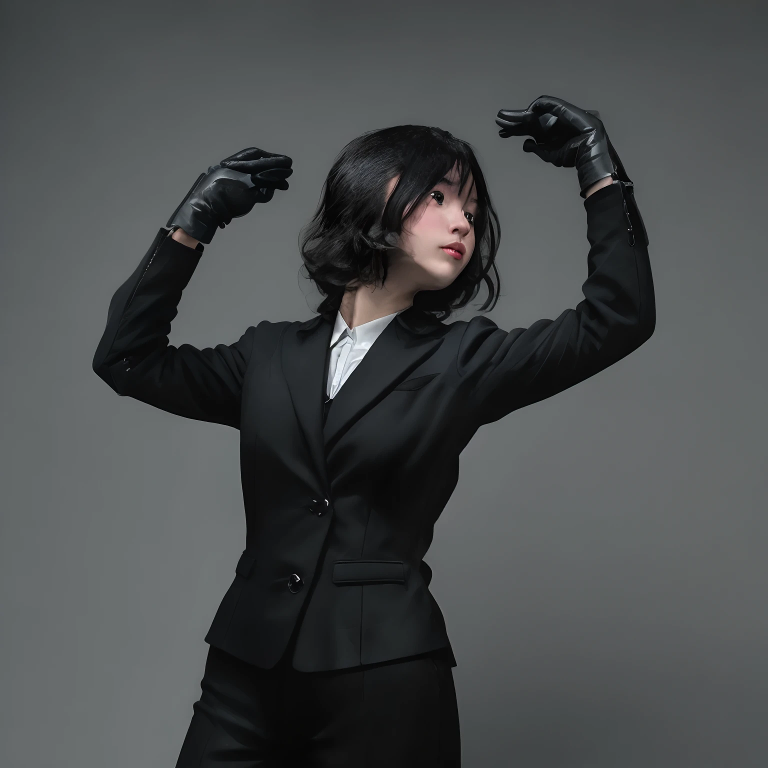 Young Japan woman lifting black suit onto shirt, Black leather gloves worn on both hands, Hands of woman in black suit and black leather gloves in front of you