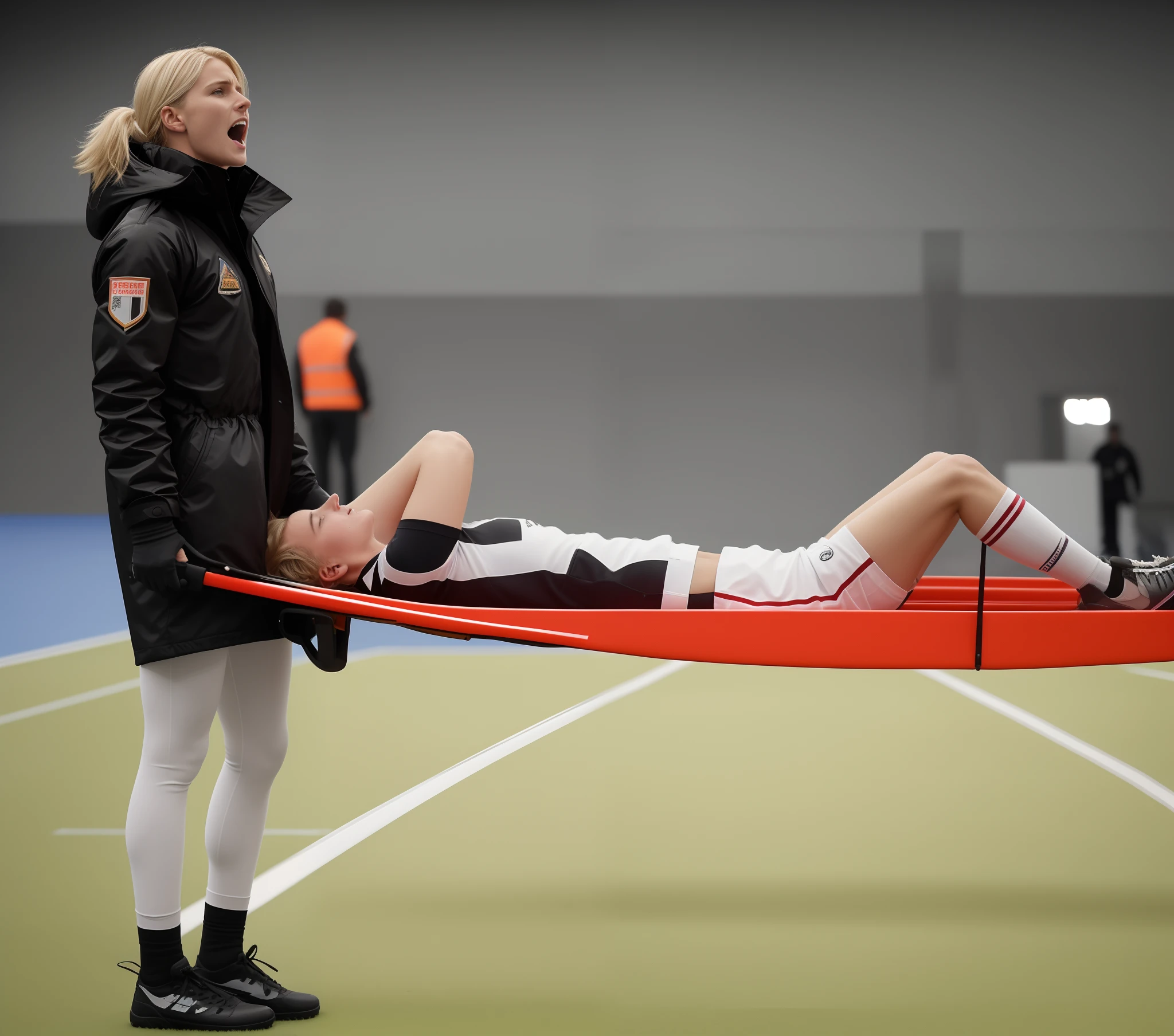a shiny black padded coat made from glossy vinyl fabric in profile seen from the right, there is a man laying on a stretcher on a field, A male head in profile, seen from the right, with short-cropped hair and an extremely suffering appearance, Photography of an injured sportsman on a stretcher being carried by a longhaired blond woman in a long black down coat, a young male soccer player in short sportswear is lying on his back on a stretcher and is grabbing his shin with his hands, hyperralistic, very realistic, ultrarealistic photorealistic, pgoto, photoreal, a young woman is wearing a high shine black downcoat and is holding a stretcher inside a sports stadium, a young madeup blond woman in a high-shine padded coat is shouting out for help and has a very sad and furious expression in her face, a sportsman is lying on a stretcher and has a very painful and suffering face, a young sportsman on a stretcher with a very painful expression in his face, dramatic action pose, sports accident, injury scene, theatralic pity pose, pity pityful, pain, a sportsman is lying on a stretcher and is crying in pain, a young madeup woman in a shiny coat is carrying a man on a stretcher inside a sports stadium, sports scene, stadium