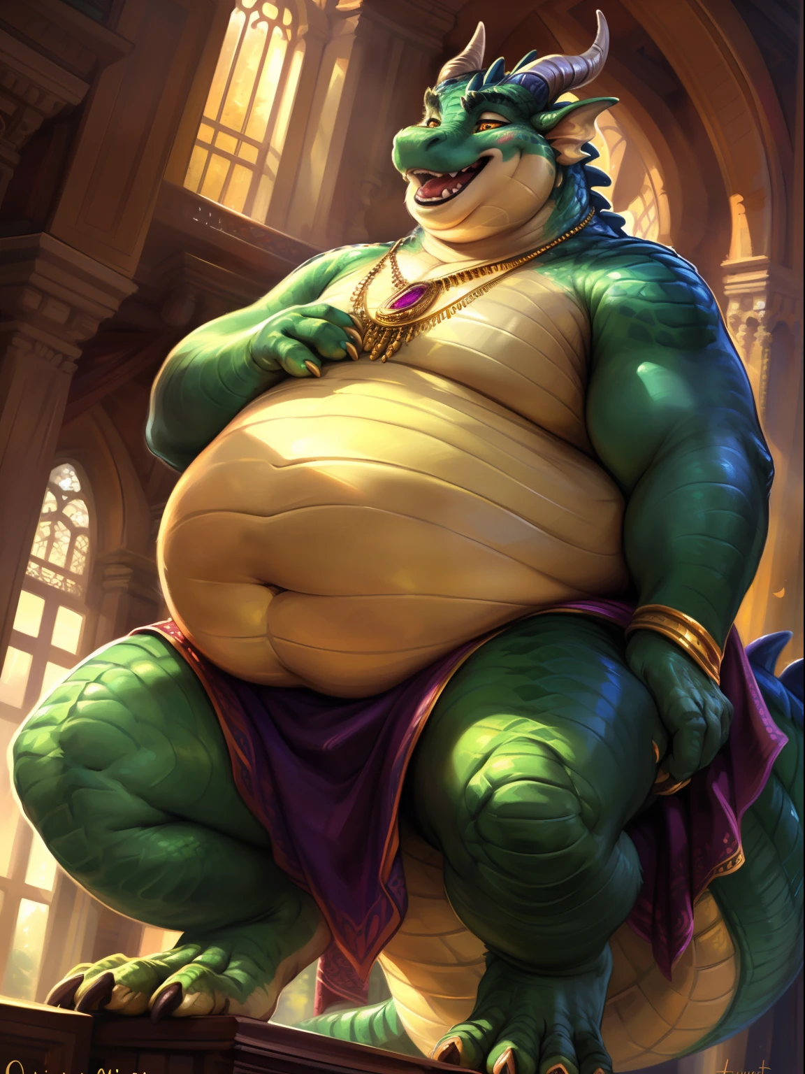 (author:Hioshiro and Kenket and Dimwitdog, Michael & Inessa Garmash, ruanjia, pino daeni, Chunie), e621, low angle looking way up at subject's face. He is dancing clumsily, ((Hyper-Obese, Unimaginably Obese. So Obese he is immobile)), Hyper-Obese:1.1, extremely chubby facial cheeks:1.1, insanely chubby face:1.1, morbidly obese double chin, (((hyper-detailed and stacked fat rolls))), no clothing, Solo, anthro, Male, (Green dragon), detailed hard scales cover entire body, belly and chest are extremely detailed and covered in scales, ((intricate detail scale texture)), Horns, (golden eyes) , Black thick eyebrows, unique scale pattern ((wears)), digigrade, (Tail), Handsome, Cinematic, Solo, extremely hyper-obese, ((insanely obese))), (shaded), (Detailed eyes):1.2, ((busts)), Extremely articulate and detailed fat rolls. Sensual, , Religious motifs,Gold necklace with gemstone pendant, blushing.