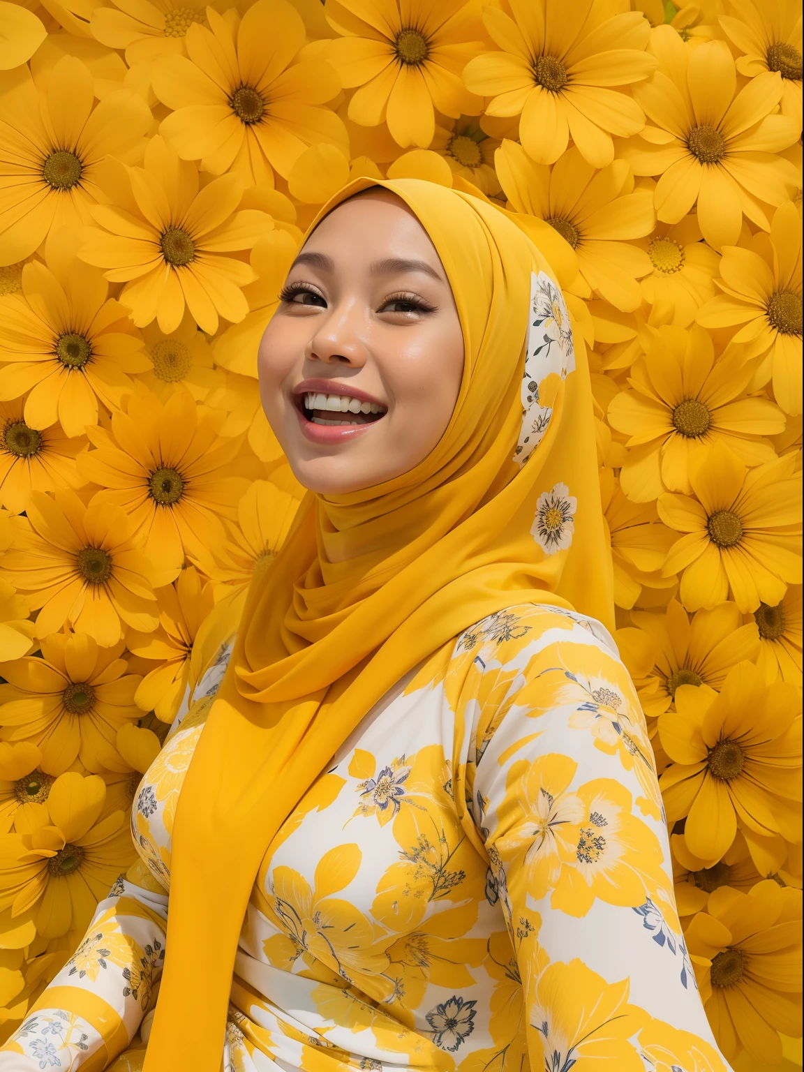 Malay woman in a white floral pattern baju kurung, in front of an yellow studio background, laughing, cute laugh, headshot profile picture, white hijab, full protrait, on a yellow canva, protrait, portrait shot, photo of young woman, photo of a woman, portrait, mid shot portrait, in yellow background