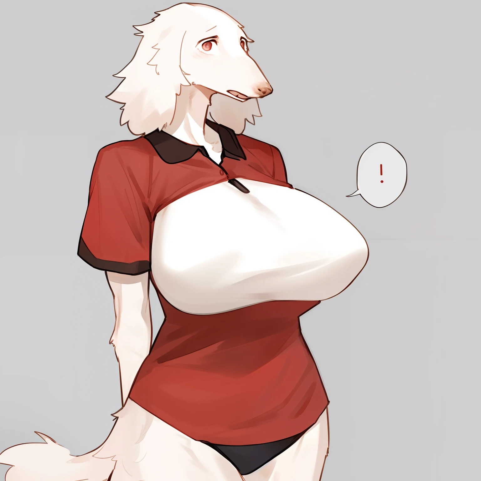 By bebebebebe, solo, standing, female, (((tall, borzoi, snout))), (hair, detailed eyes), big breasts, confused, muscular, red polo shirt