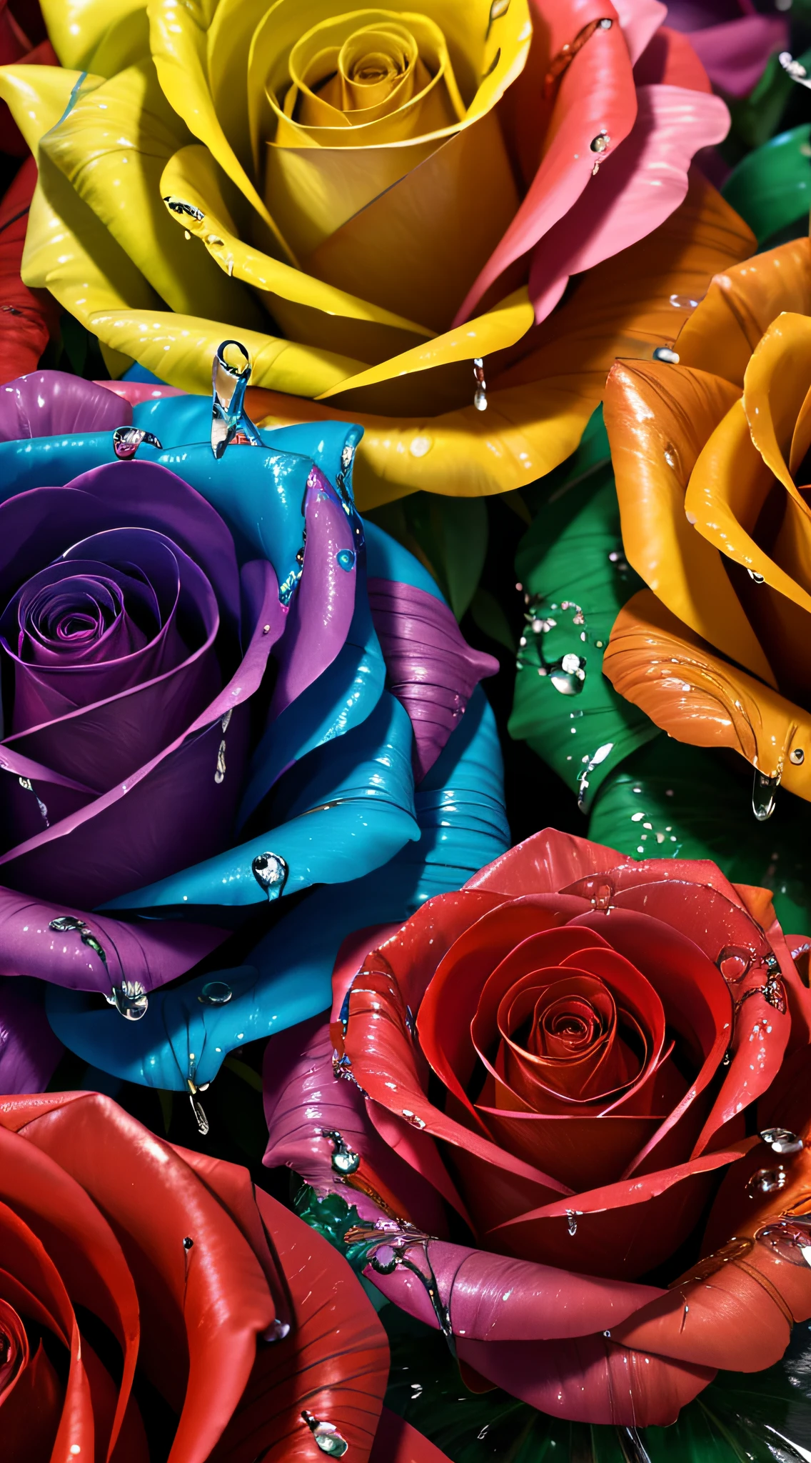 Macro 4K，Multicolored roses，water dripping