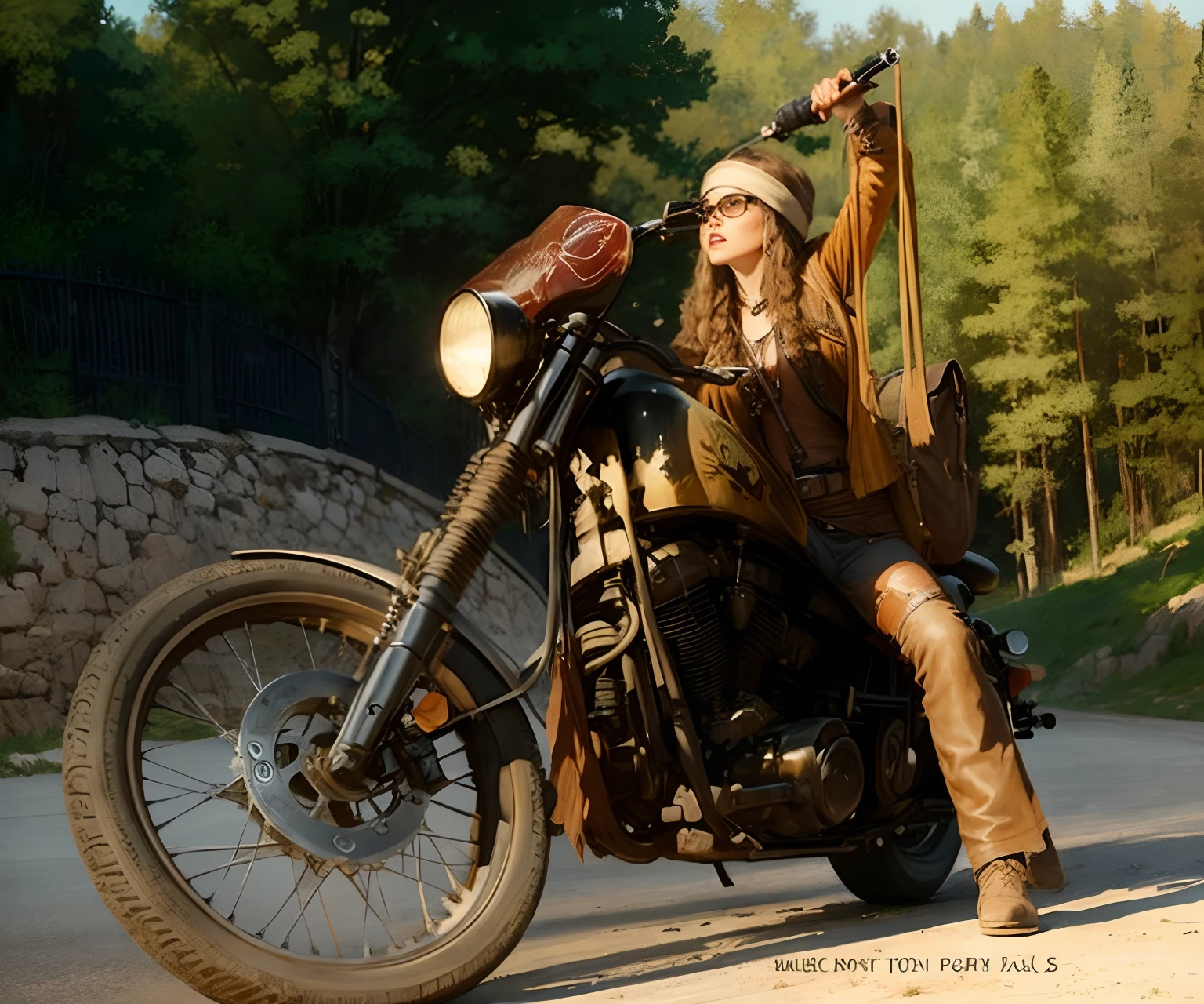 Woman stradling riding a motorcycle, very large painted gas tank, leather chaps, hippy clothes, bedroll on handlebars behind the headlight, 24k resolution, masterpiece, oil art style, hyperdetailed