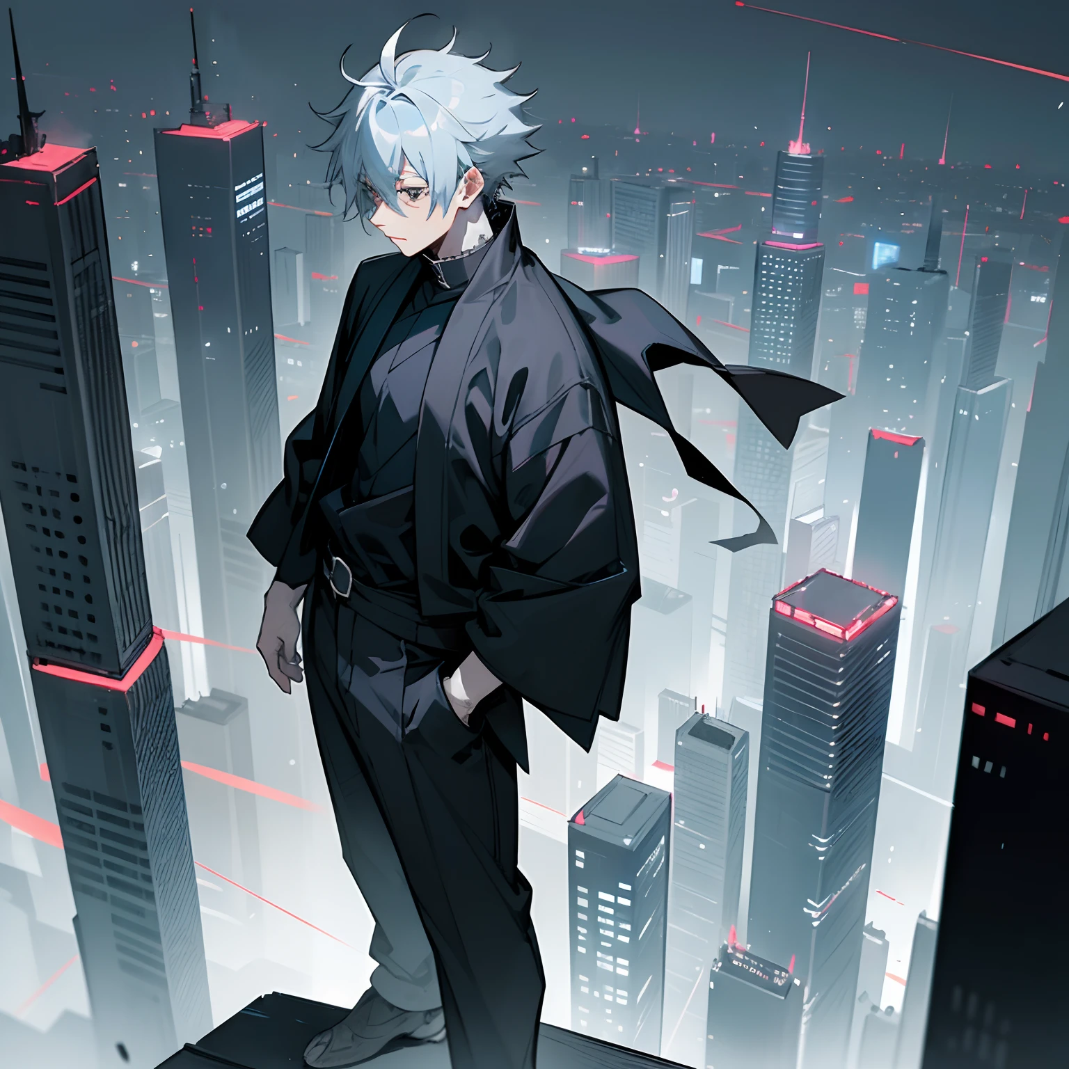 Greyish Blue hair , medium length hair , wolf cut hair, black longsleeve shirt wearing haori Ontop ,layered clothing, Jujutsu Kaisen , Black eyes , city setting, standing, 1male , spiky hair , messy hair , white clothing , lean build