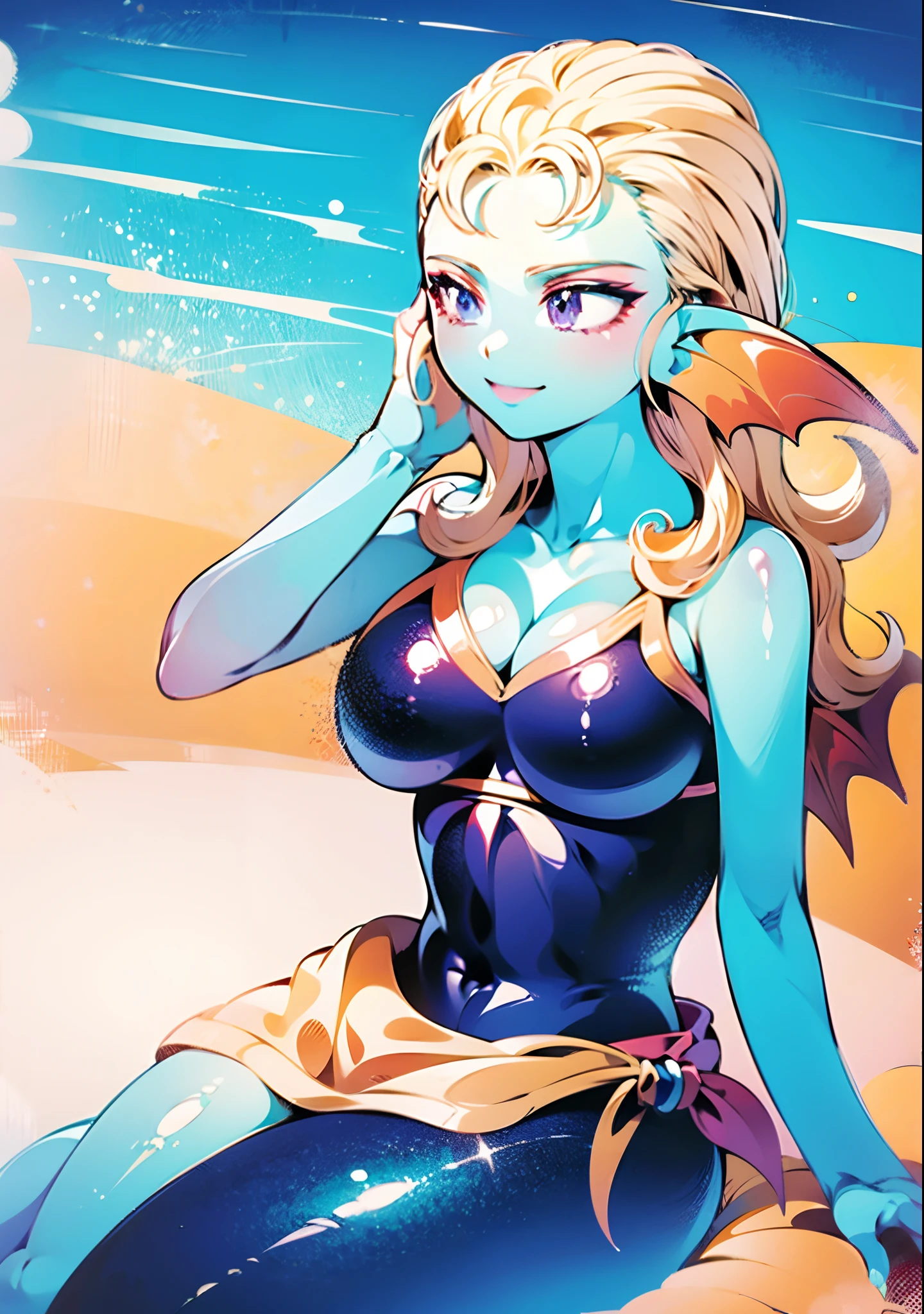 8K,High quality,Anime,married woman,Beautiful woman,Bright,Eye Highlights,Purple eyes,Sexy,ultra gigantic tits,oversized tits,Dark blue ,Erotic,beautiful line art. Blue skin, Blue and orange gradient fins, Pink swimsuit, Sitting on the beach,