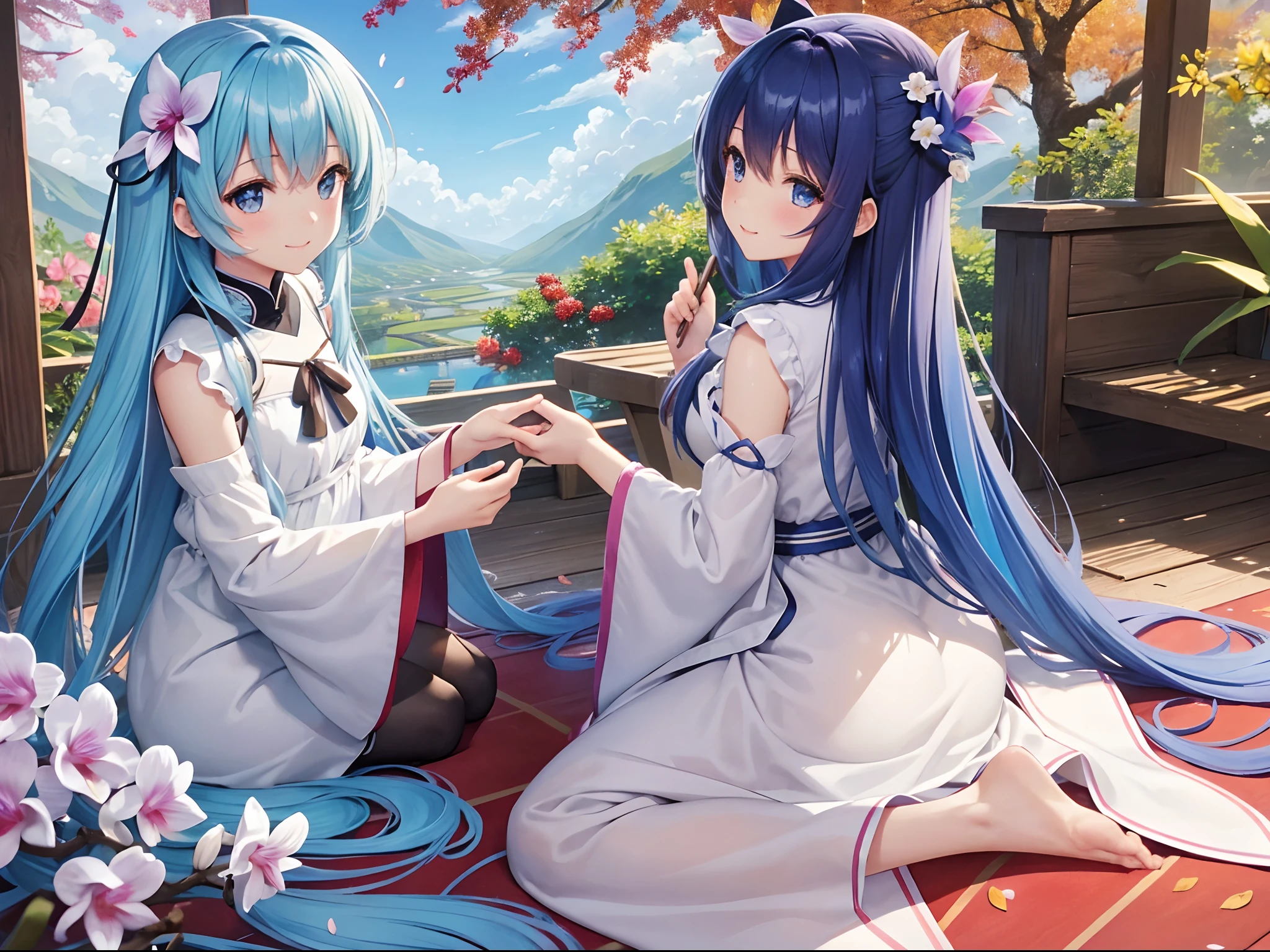 (hight resolution、ultra-detailliert、nffsw、movie)、独奏、1girl in、Happiness、Orchid on a side、Girl around orchid petals、A charming smile、full body Esbian、Long-haired girl with blue hair、lightblue hair、facing front、Fantasia、Official art、pop-art、profile、hyperdetailed face、ultradetailed eyes、Orchid Garden、Ultra Detailed Fields、White blue sky、 shuicolor、blanche、Nebulae in the sky、Landscape of autumn leaves、watercolor paiting、PastelColors