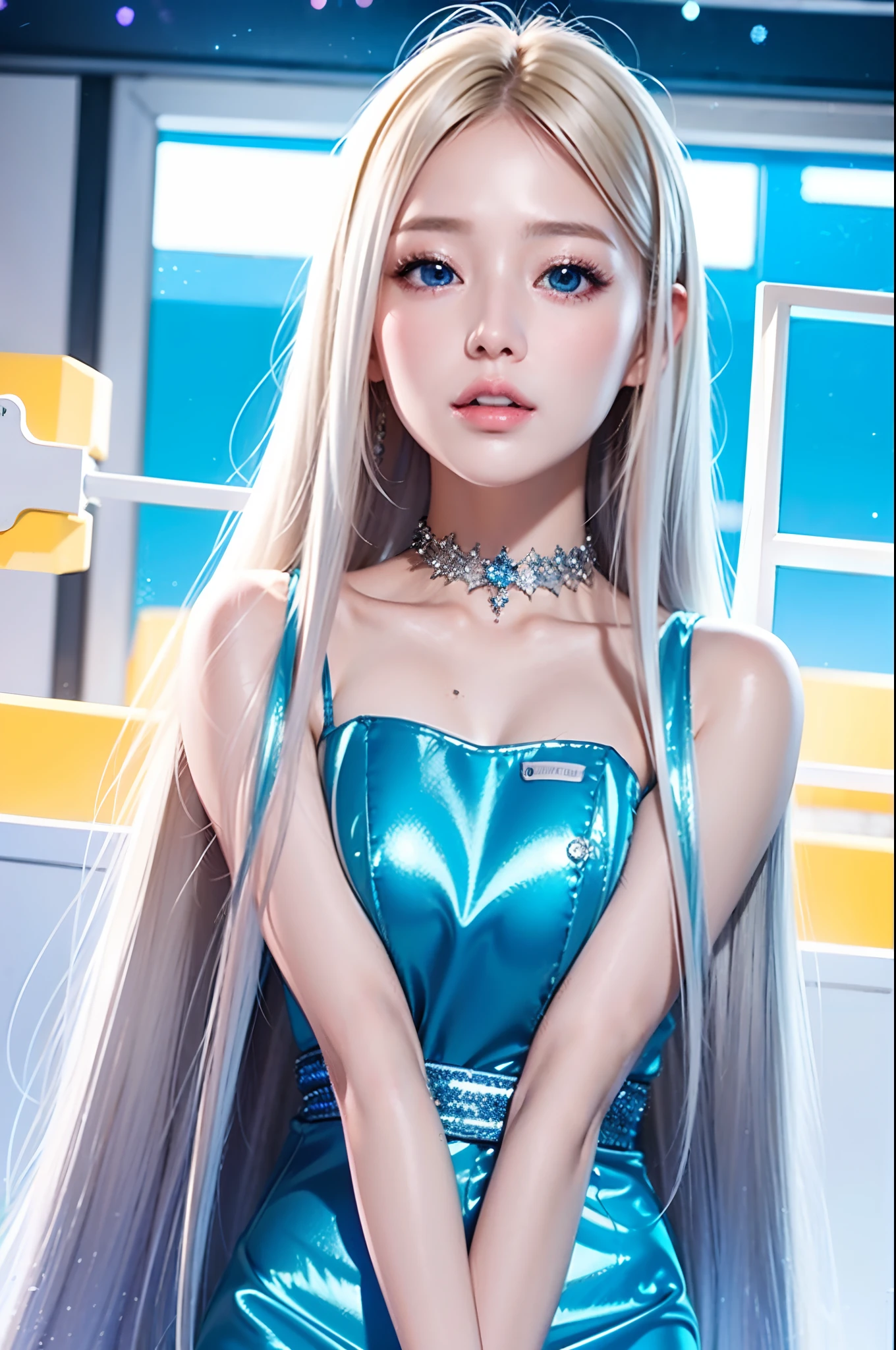 1 girl、portlate、student clothes、blue-sky、Bright and very beautiful face、年轻, shiny white shiny skin、Best Looks、Blonde hair with dazzling light reflection、Beautiful Platinum Blonde Super Long Silky Straight Hair Gloss、Long bangs、Extraordinarily beautiful 17 years old、Big eyes that shine crystal clear light blue、Beautiful lovely beautiful girl