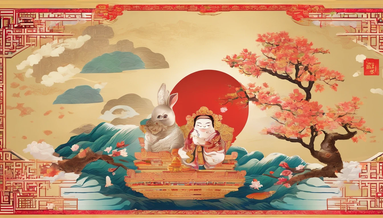 Mooncake in between，The rabbit in the upper left corner is dressed in an ancient shawl，In the lower right corner, ancient Chinese goddesses fly into the sky，Mid-Autumn Festival，China-style