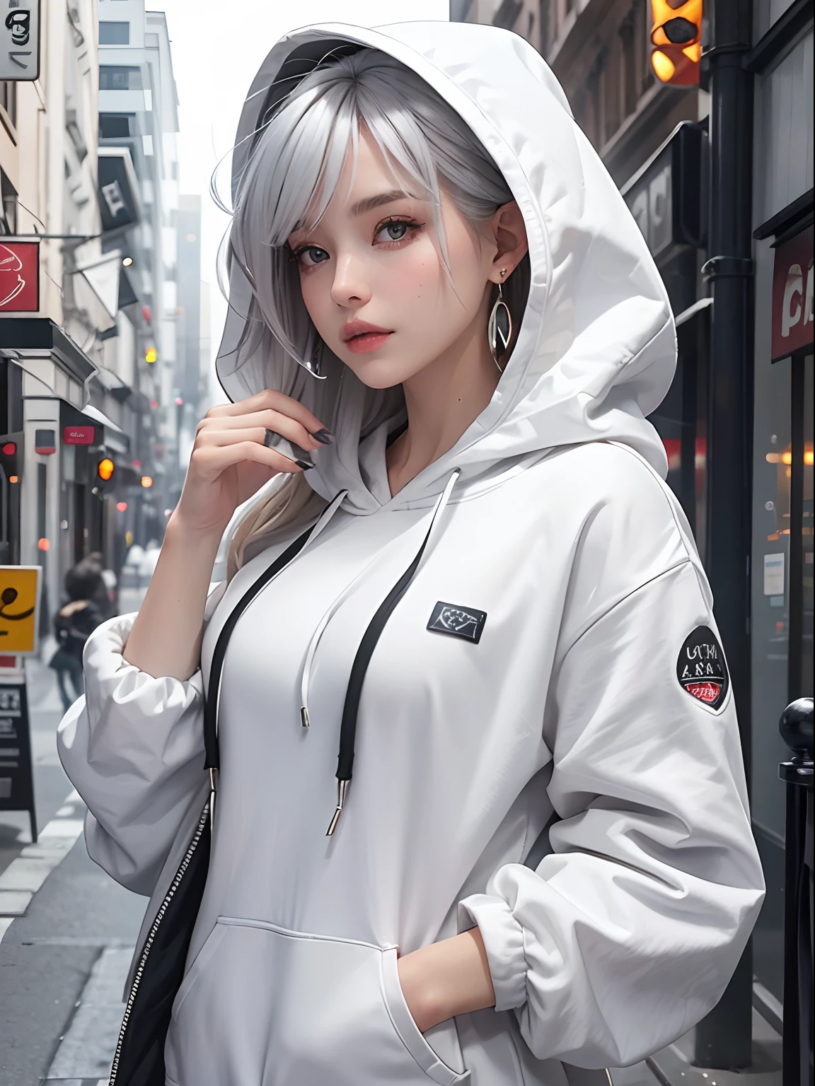 1 girl, big long dress hoodie, (((white hoodie))) , white hair, dark city background,black building, dark aura, night, yellow eye, short hair, angel eye, moon, the girl looking from behind poses, position masterpiece, cute girl, urban city dark, hold hands, masterpiece, 8k detail 1.3, ultra detail Anime 3D , 3D realism, , detail hands, (((detail yellow eye))), 20 year old , little bit tied hair the left of his hair,big boobs,