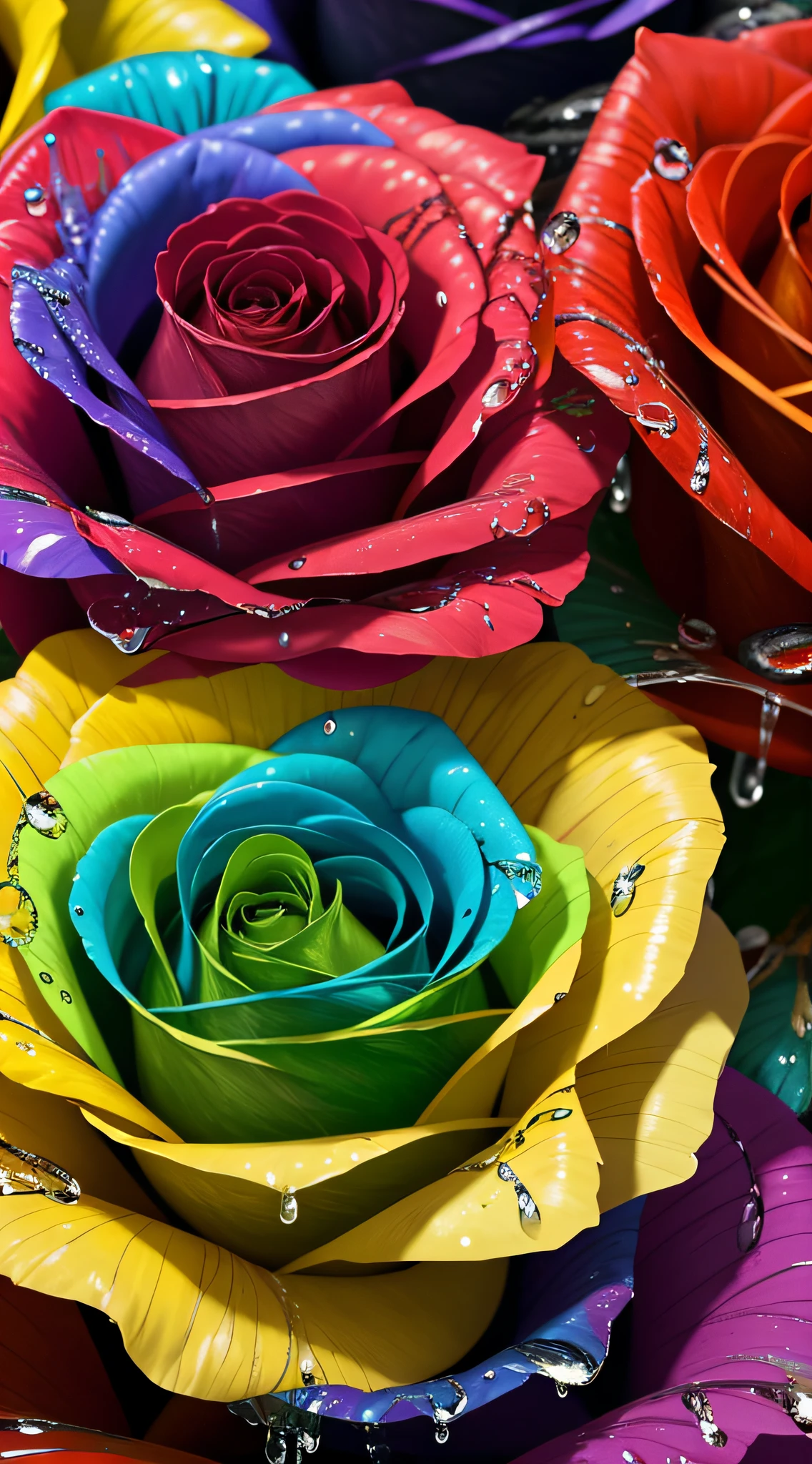 Macro 4K,Multicolored roses,water dripping