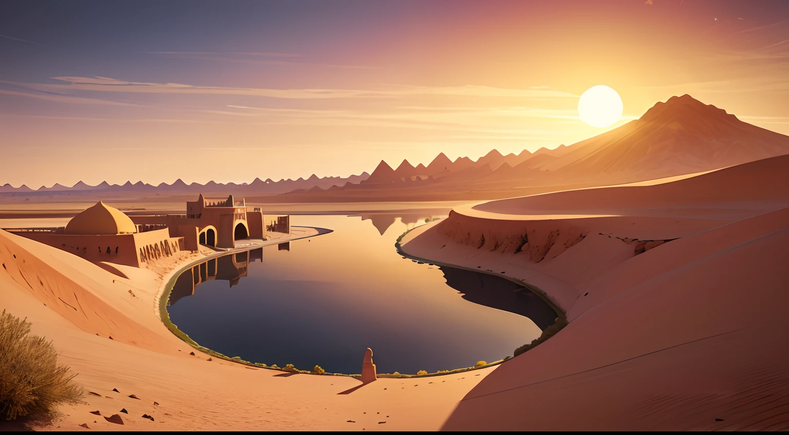 A crescent-shaped lake in the desert，There is an ancient building by the lake，The surrounding vegetation is luxuriant，In the distance, The camel caravan was slowly advancing，Leave traces in the desert，The setting sun in the distance is slowly descending，The sky is intertwined with red and yellow，Illustration style