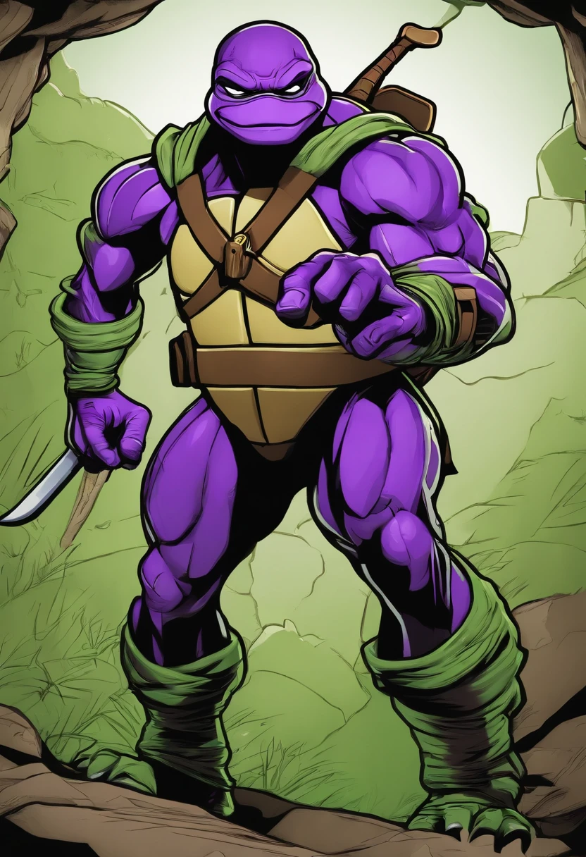 midshot, (cel-shading style:1.3), centered image, ultra detailed illustration of Donatello mutant ninja turtle, purple band, posing, (tetradic colors), inkpunk, (ink lines:1.1), strong outlines, art by MSchiffer, bold traces, unframed, high contrast, (cel-shaded:1.1), vector, 32k resolution, best quality, flat colors, flat lights