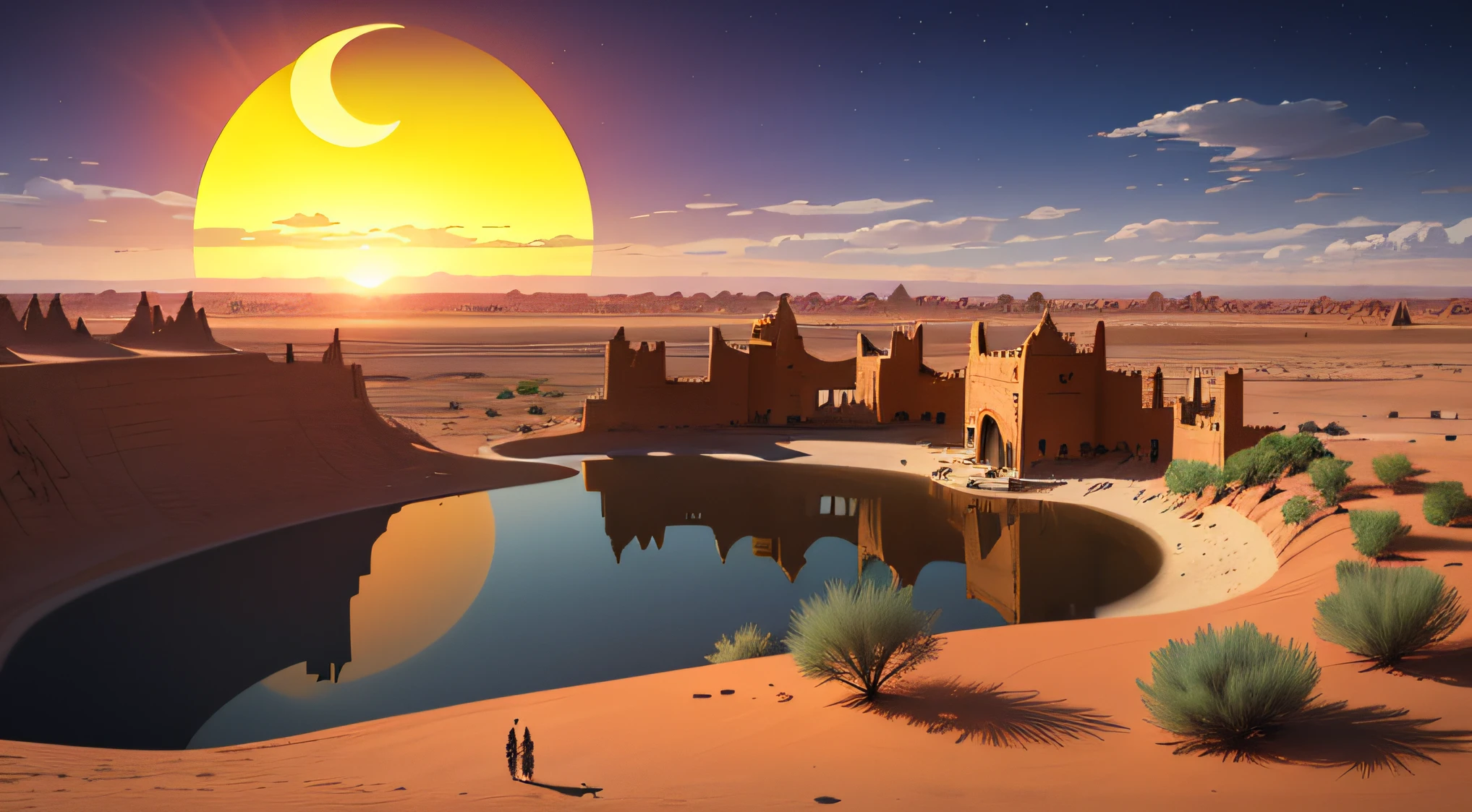 A crescent-shaped lake in the desert,There is an ancient building by the lake,The surrounding vegetation is luxuriant,In the distance, The camel caravan was slowly advancing,Leave traces in the desert,The setting sun in the distance is slowly descending,The sky is intertwined with red and yellow,Graffiti sense