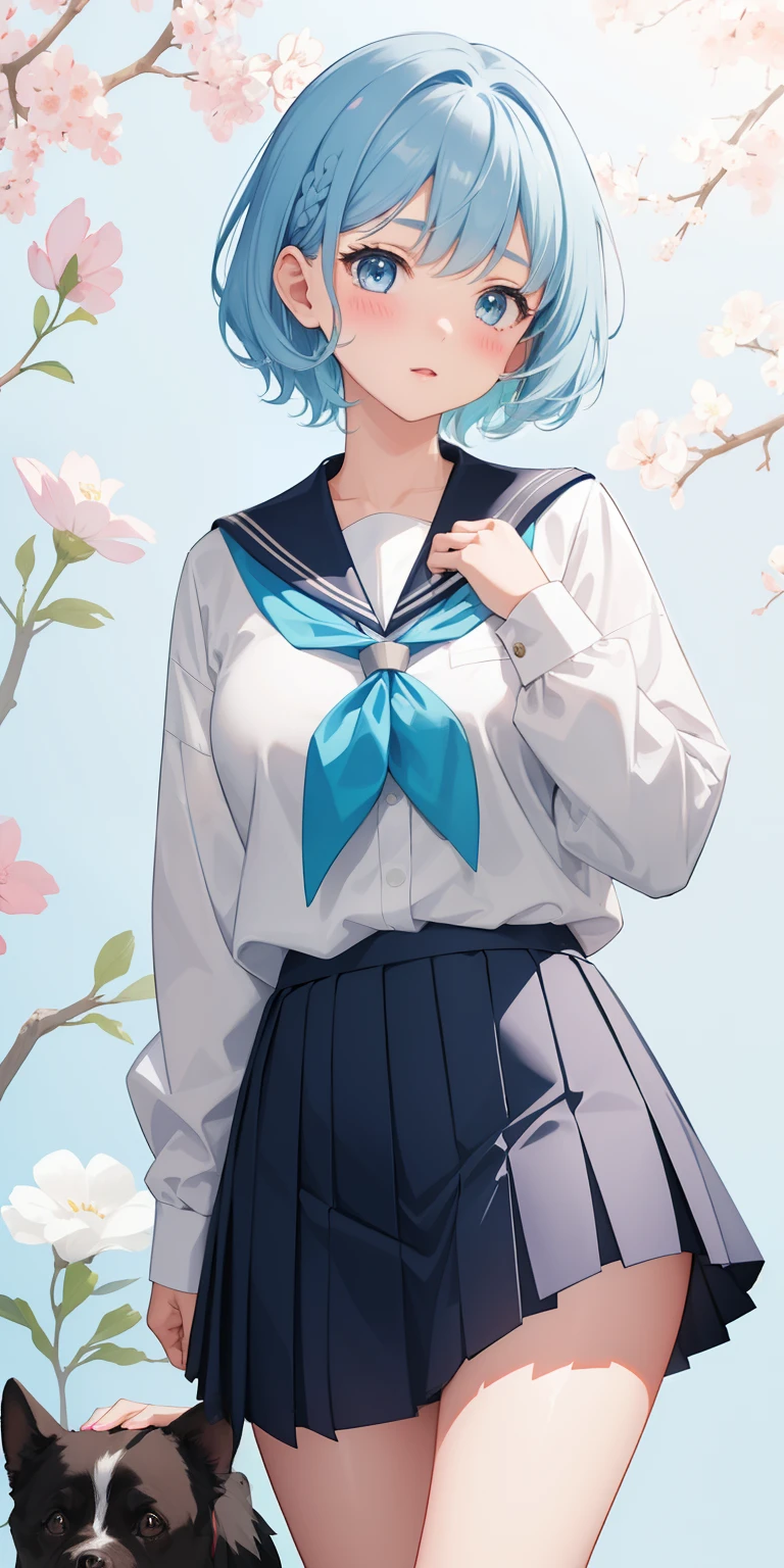 1girl and 1 dog. , short hair, light blue hair, school uniform, skirt, blush, glowing, sidelighting, wallpaper.