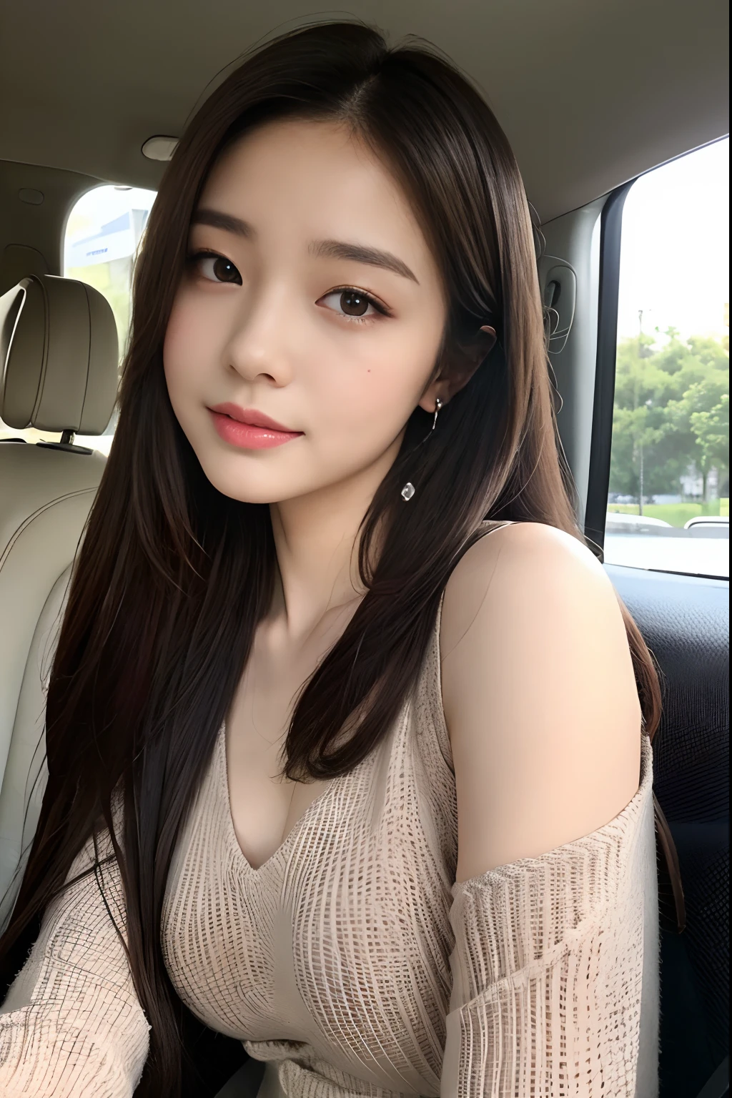 Indonesian girl 19-year-old Hairstyle Casual, F Cup Breasts wearing crewneck dress in car amd driving the car with her friend