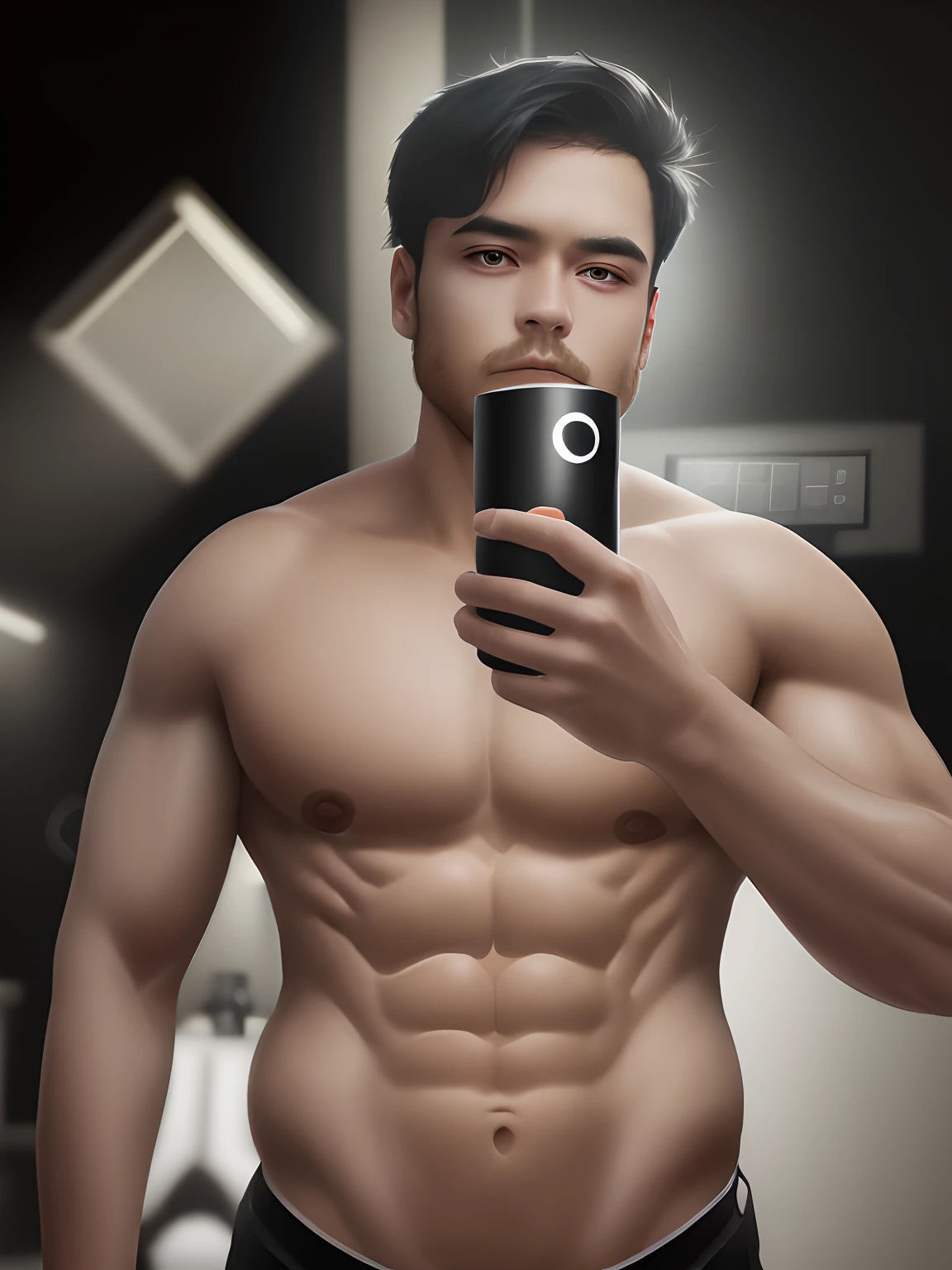Make a smart men with Six pack at dark background light