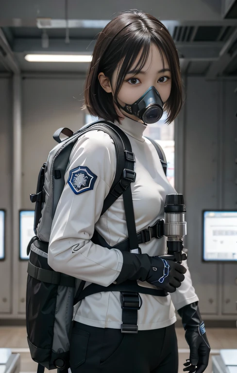 Highest image quality, outstanding details, ultra-high resolution, (realism: 1.4), ((close up:0.75, from front)), Photorealistic, highly condensed 1 lady, full body, aiming with a rifle, Combat pose, (Detailed face), looking at the camera, (a bit chubby:0.45), (cloths color black:0.4 white:0.5 other-color:0.1), (wearing nylon rash-guard as police uniform, gloves, Fingers are occluded, black and gray mecha, wearing futuristic-gasmask, military harness, holding a machinegun, carrying hich-tech-backpack), background greywall,