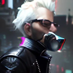 Realistic portrait, perfect coloring, vivid and real colors, a robust 40-year-old man with short white hair, wearing round cyberpunk style glasses and wearing black leather jacket with silver details, futuristic and gorgeous style, perfect