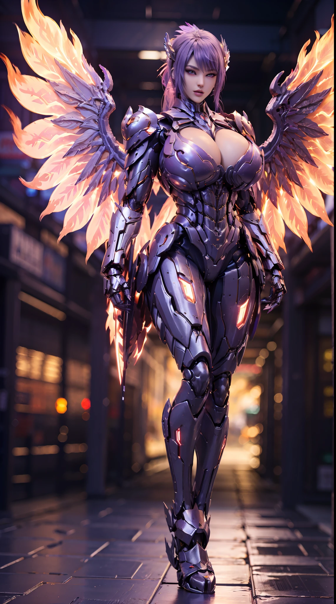 HUGE FAKE BOOBS, PONYTAIL, (BEAUTY PURPLE), MECHA DRAGON ARMOR, FUTURISTIC MECHA SUIT, (CLEAVAGE), ((LARGEST MECHANICAL PHOENIX WINGS)), (TALL LEGS), (STANDING), SEXY BODY, MUSCLE ABS, UHD, 8K, 1080P.