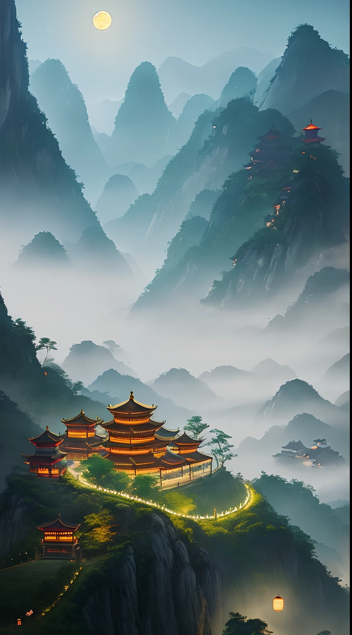Kongming Lantern，reunion，mid-autumn festival，Festive atmosphere，Chinese landscape painting，themoon，tall house，Hazy beauty，Full of art，Realistic details