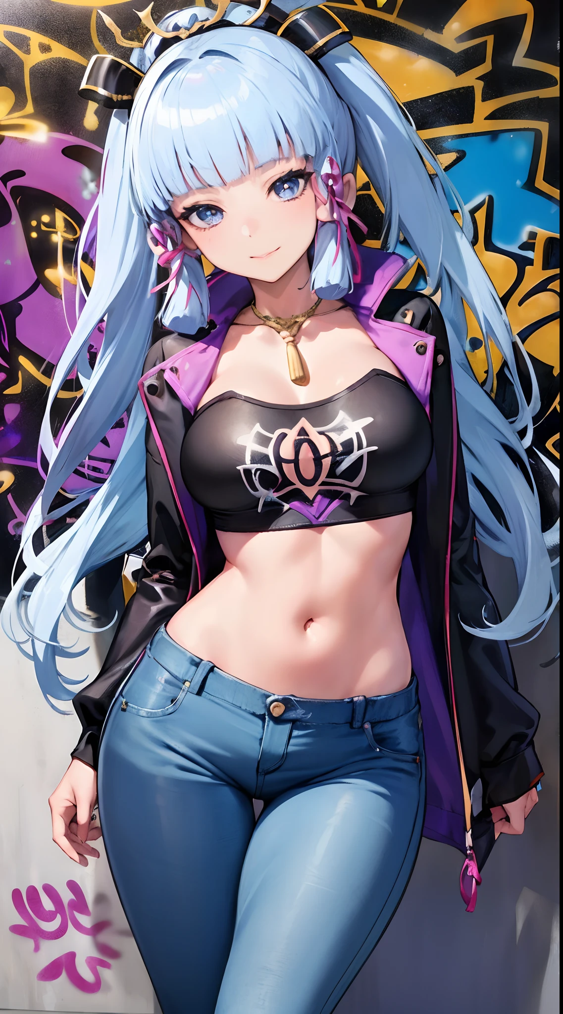 kamisato ayaka|genshin impact, master-piece, bestquality, 1girls,20 age, Double tail hairstyle, proportional body, Long Jeans, oversized breasts, ,bara, (Graffiti:1.5), Splash with purple lightning pattern., arm behind back, against wall, View viewers from the front., Head tilt,