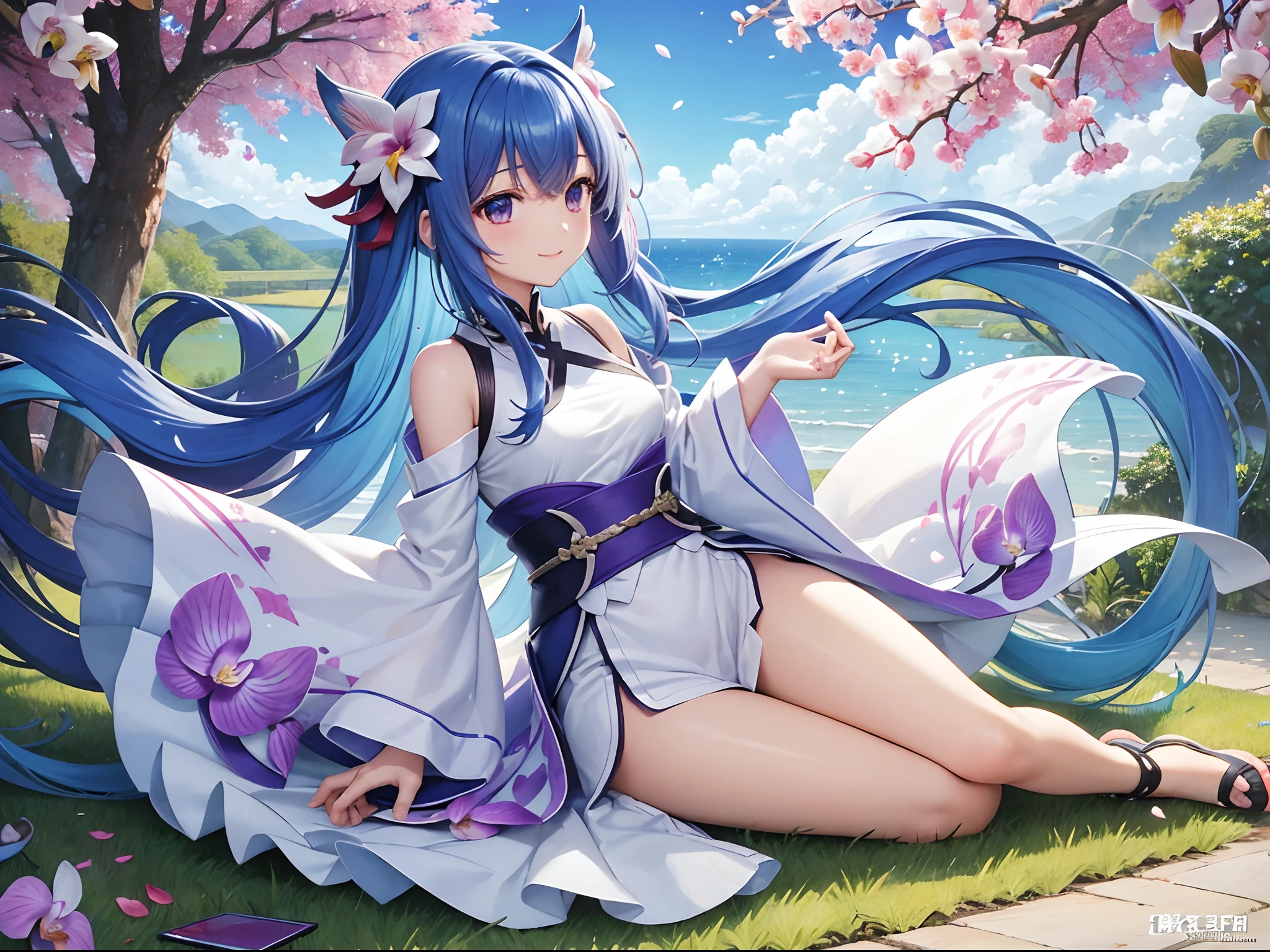 (hight resolution、ultra-detailliert、nffsw、movie)、独奏、1girl in、Happiness、Orchids on the sides、Girl around orchid petals、A charming smile、full body Esbian、Long-haired girl with blue hair、lightblue hair、facing front、Fantasia、Official art、pop-art、profile、hyperdetailed face、ultradetailed eyes、Orchid Garden、Ultra Detailed Fields、White blue sky、 shuicolor、blanche、Nebulae in the sky、Landscape of autumn leaves、watercolor paiting、PastelColors
